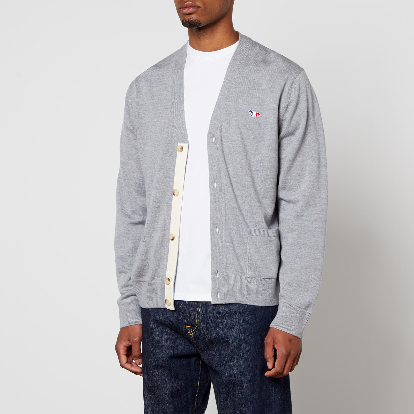 Maison Kitsuné Tricolour Fox Patch Classic Cardigan - Grey Melange - S