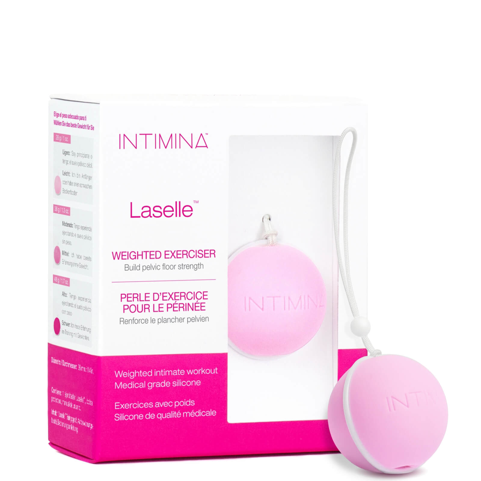 Artikel klicken und genauer betrachten! - Tone up and strengthen your pelvic floor with Intimina Laselle™, a spherical vaginal weight designed to give your internal muscles a workout using the correct Kegel technique. Wrapped in body-safe silicone, the deceptively small exercise features a weighted ball within its core that swirls around with movement. Available in six variations of weight, this training ball is equipped with a retraction cord for easy, pain-free removal. | im Online Shop kaufen
