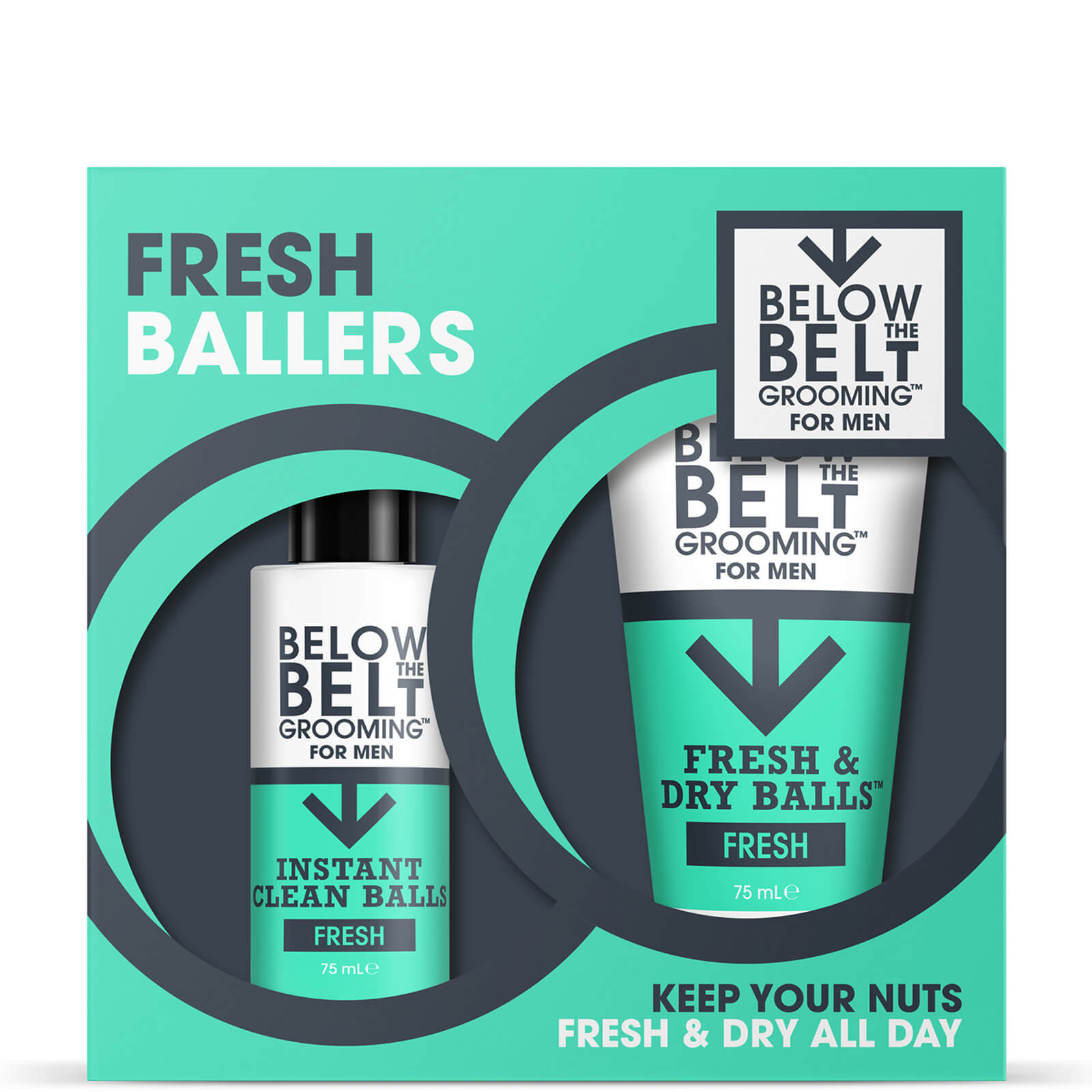 Artikel klicken und genauer betrachten! - The Below the Belt Grooming Fresh Ballers Gift Set is the ultimate duo formulated to promote ball hygiene and offer a burst of freshness throughout the day. Infused with the signature ‘fresh’ fragrance, the senses are immersed in the energising scent of a sea breeze.  Vegan and cruelty-free. | im Online Shop kaufen