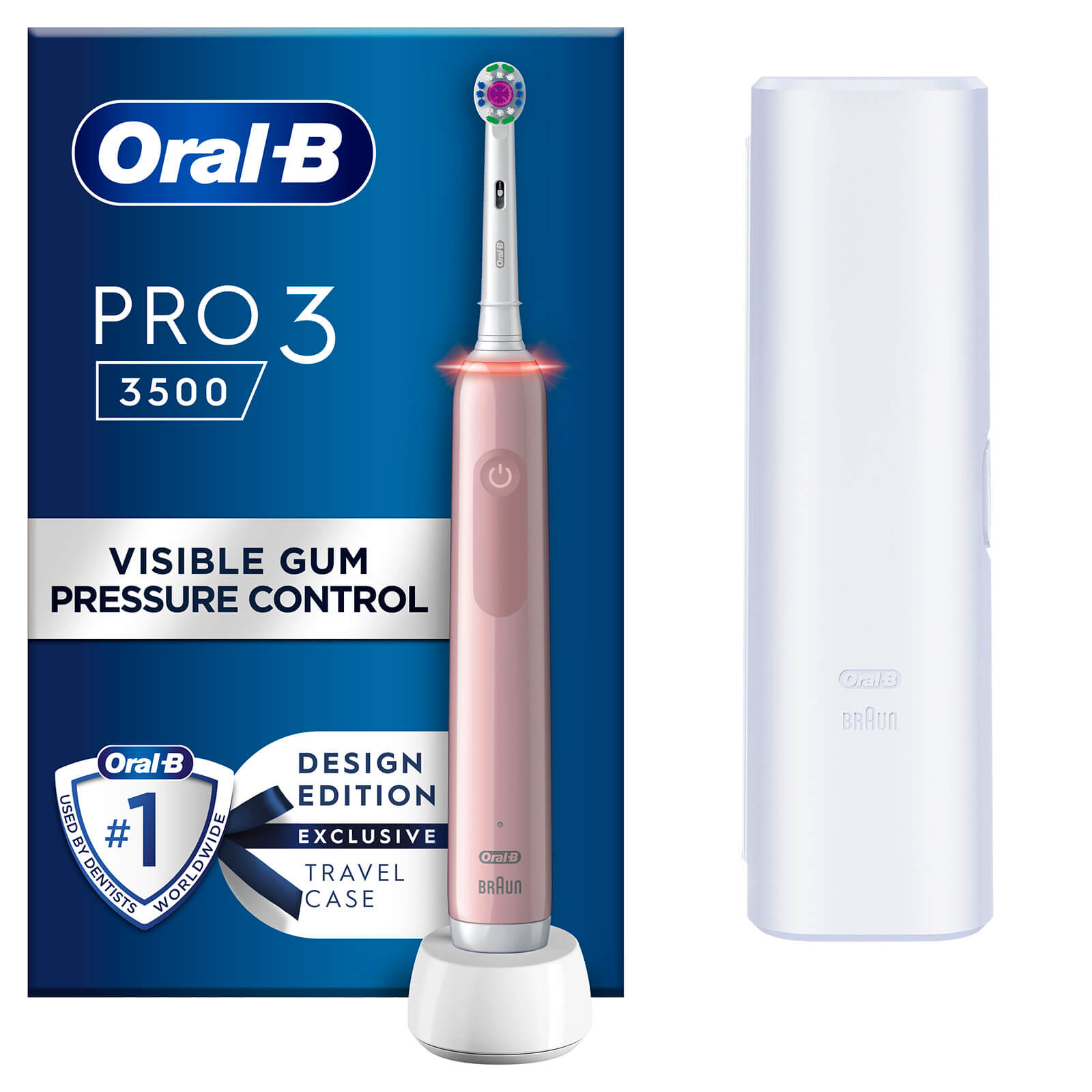 Oral B Pro 3500 3D White Pink Electric Toothbrush with Travel Case - Toothbrush