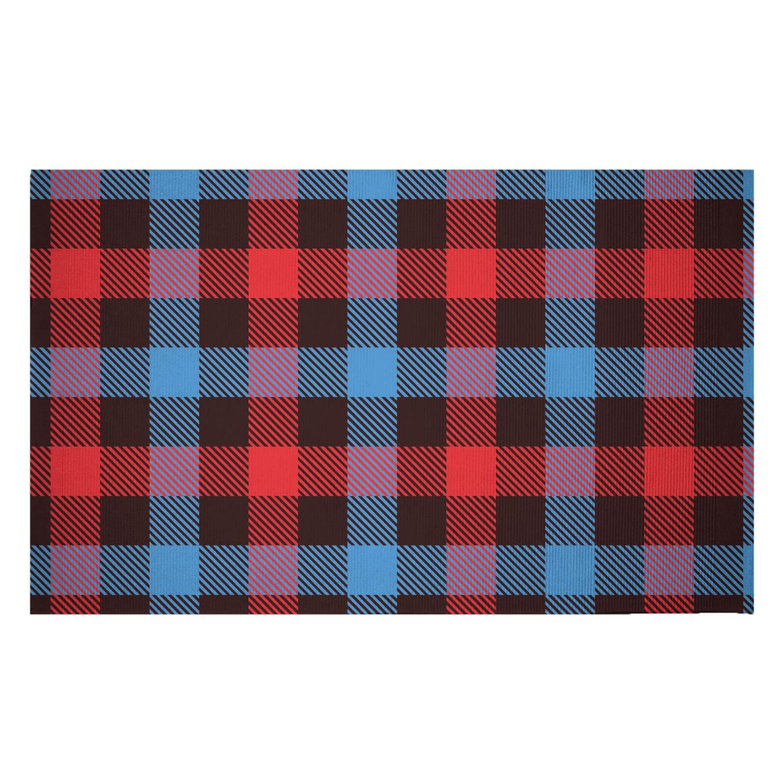 Red, Blue & Black Checkered Tartan Woven Rug - Small