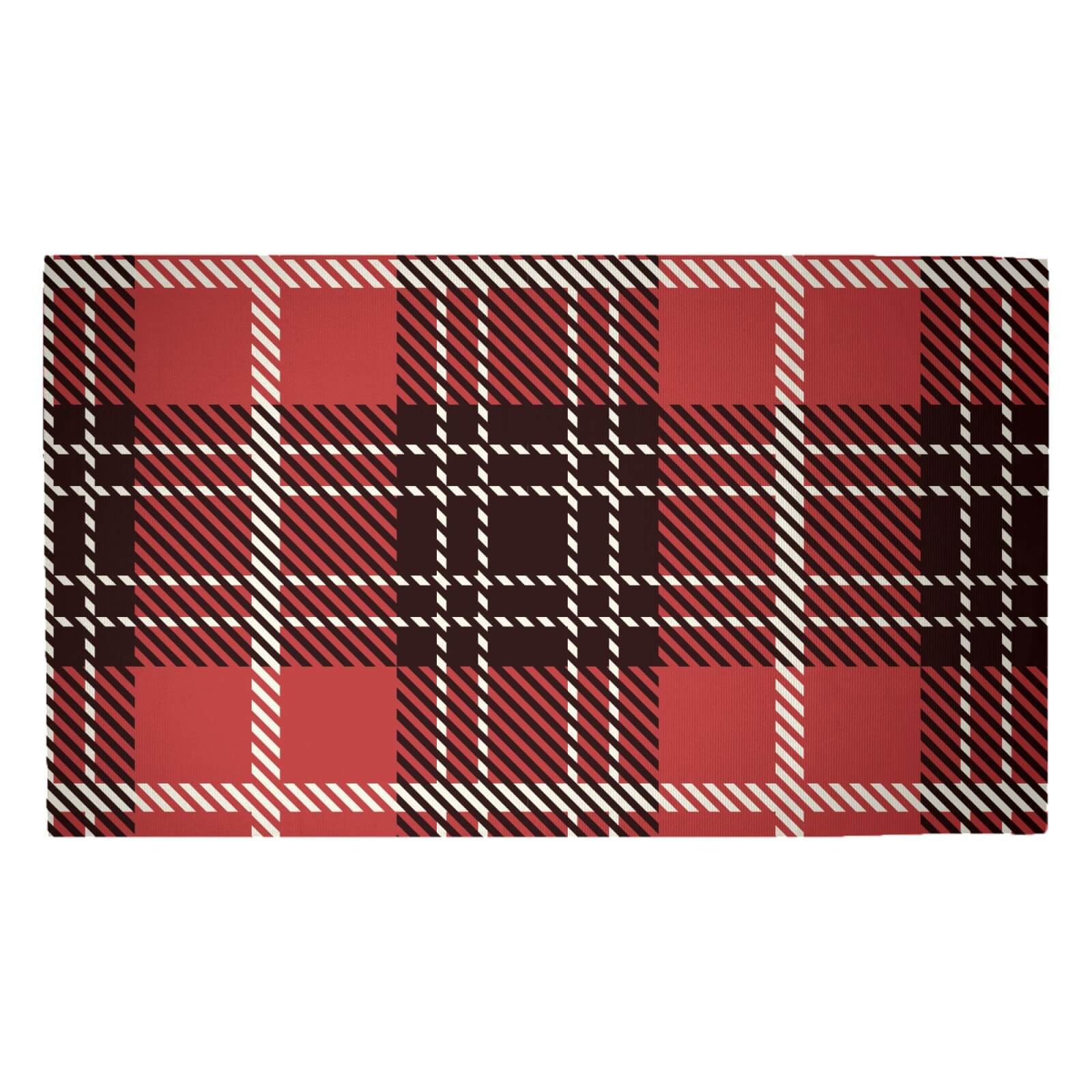 Red, Black & White Tartan Woven Rug - Medium