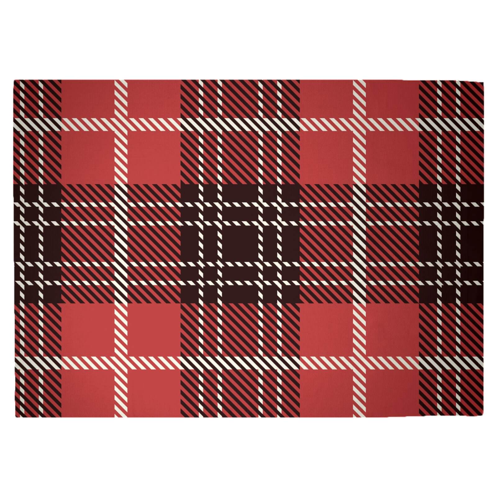 Red, Black & White Tartan Woven Rug - Large