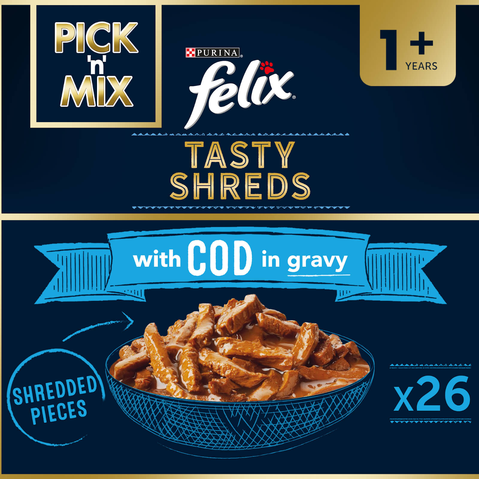 Image of Felix Tasty Shreds Adult Wet Cat Food with Cod in Gravy 26x80g