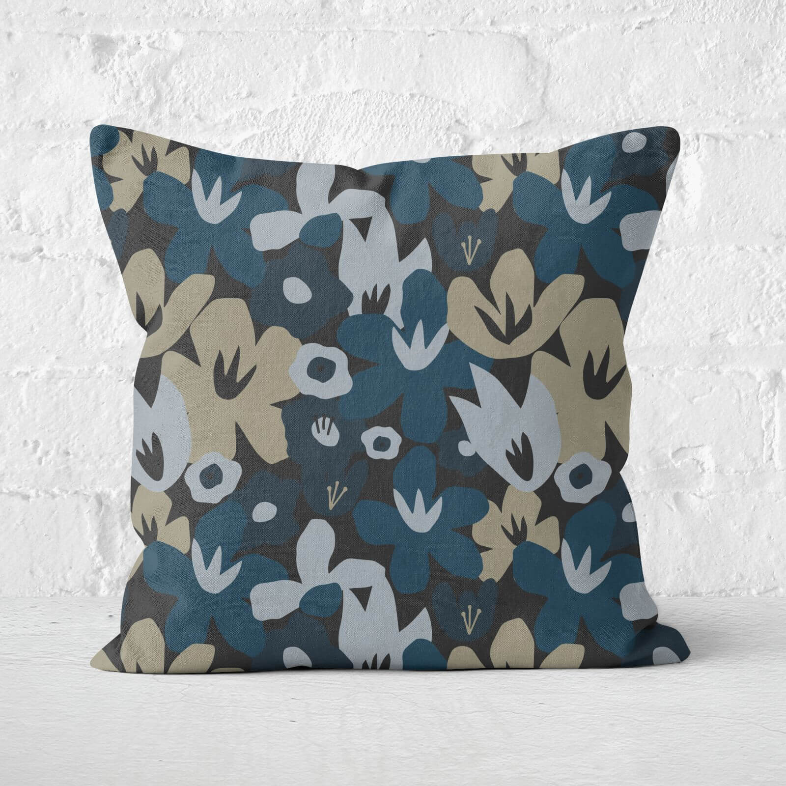 Small Abstract Navy Flowers Square Cushion - 40x40cm - Soft Touch