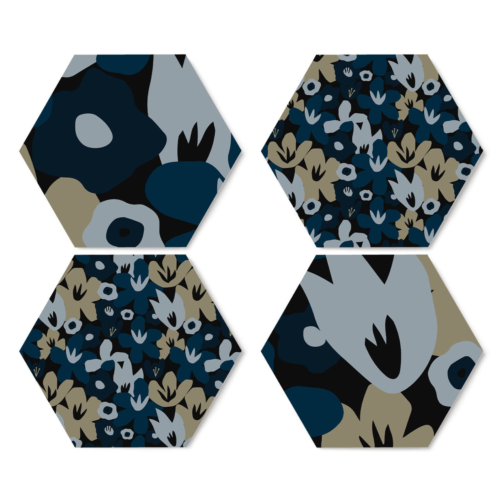 Abstract Navy Flowers Hexagonal Coaster Set