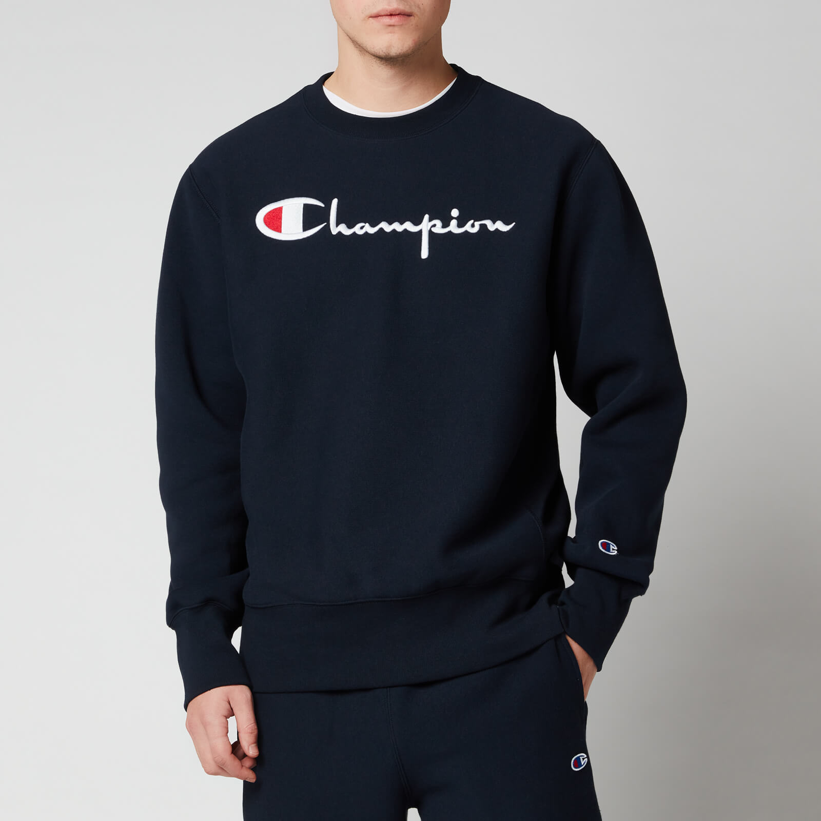 Champion Men's Chest Script Crewneck Sweatshirt - Navy - S