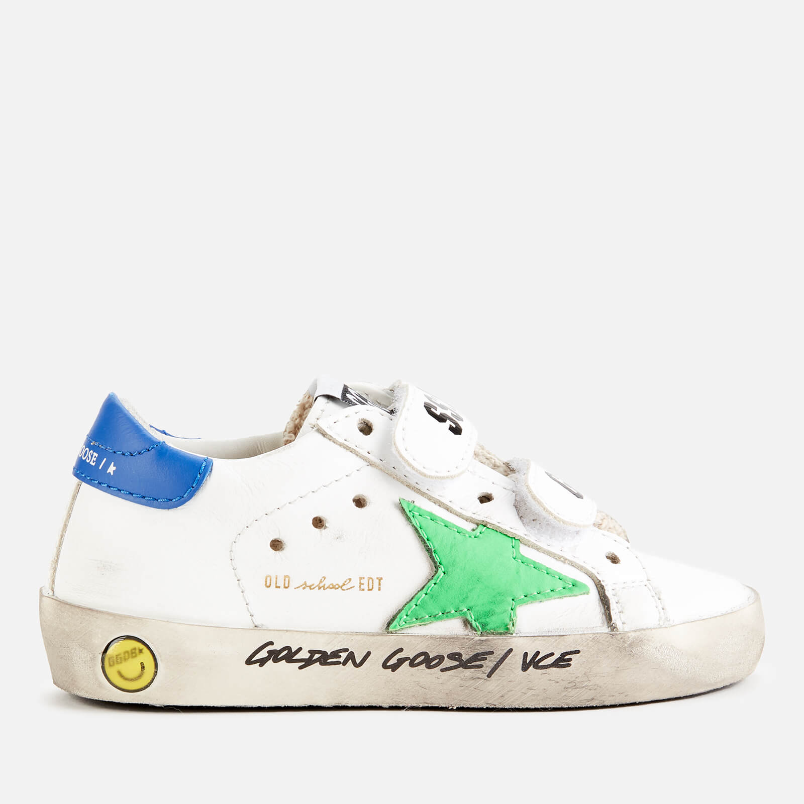 Golden Goose Toddlers' Leather Upper Stripes Star And Heel Signature Foxing Trainers - White/Fluo Green/Blue - UK 4 Infant