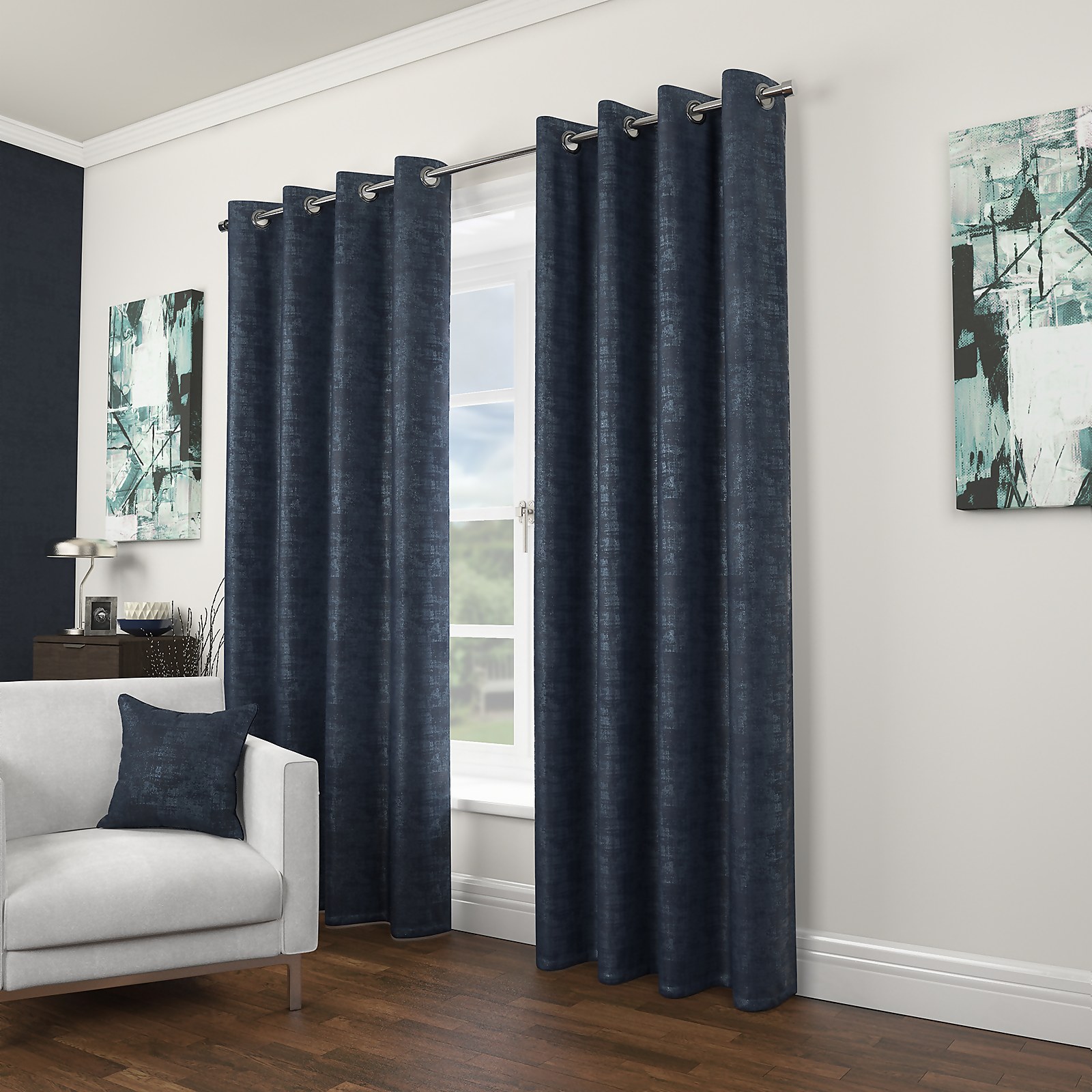 Photo of Embroidered Velour Polyester Eyelet Curtains - 66x72in - Navy