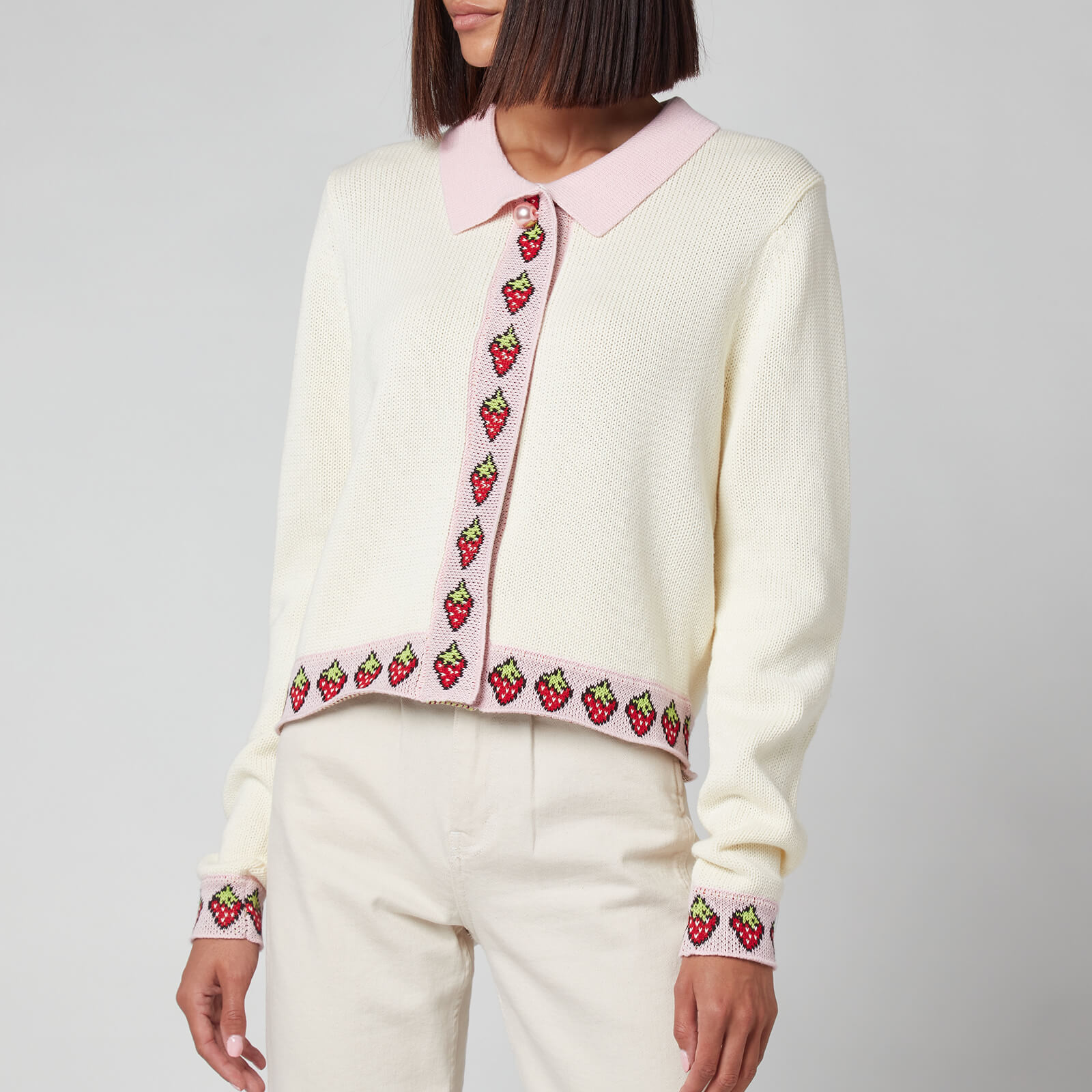 Olivia Rubin Women's Bettina Collared Cardigan With Strawberry Jacquard Trim - Cream - S