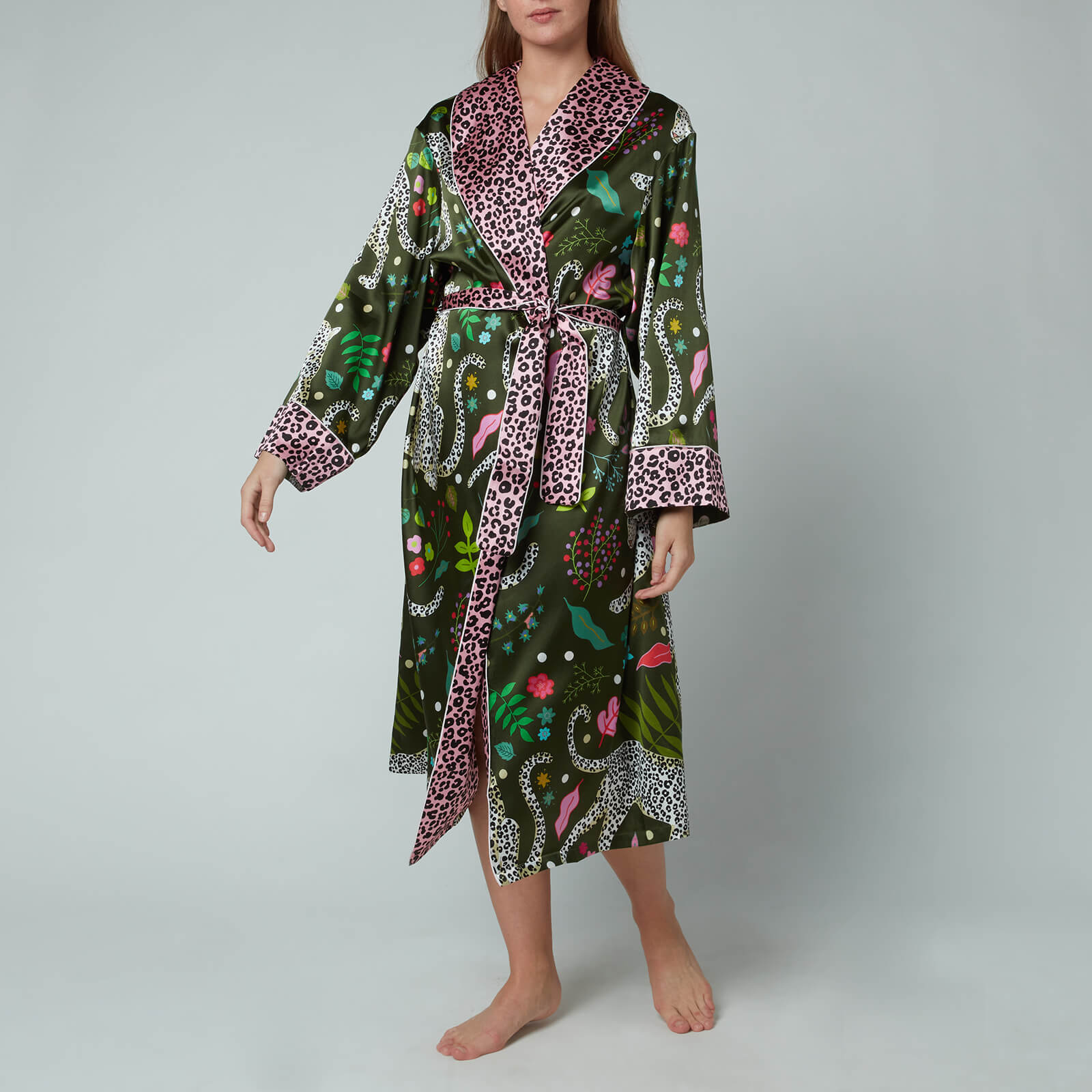 Karen Mabon Women's Stretch Silk Long Robe - Green/Pink - L/XL