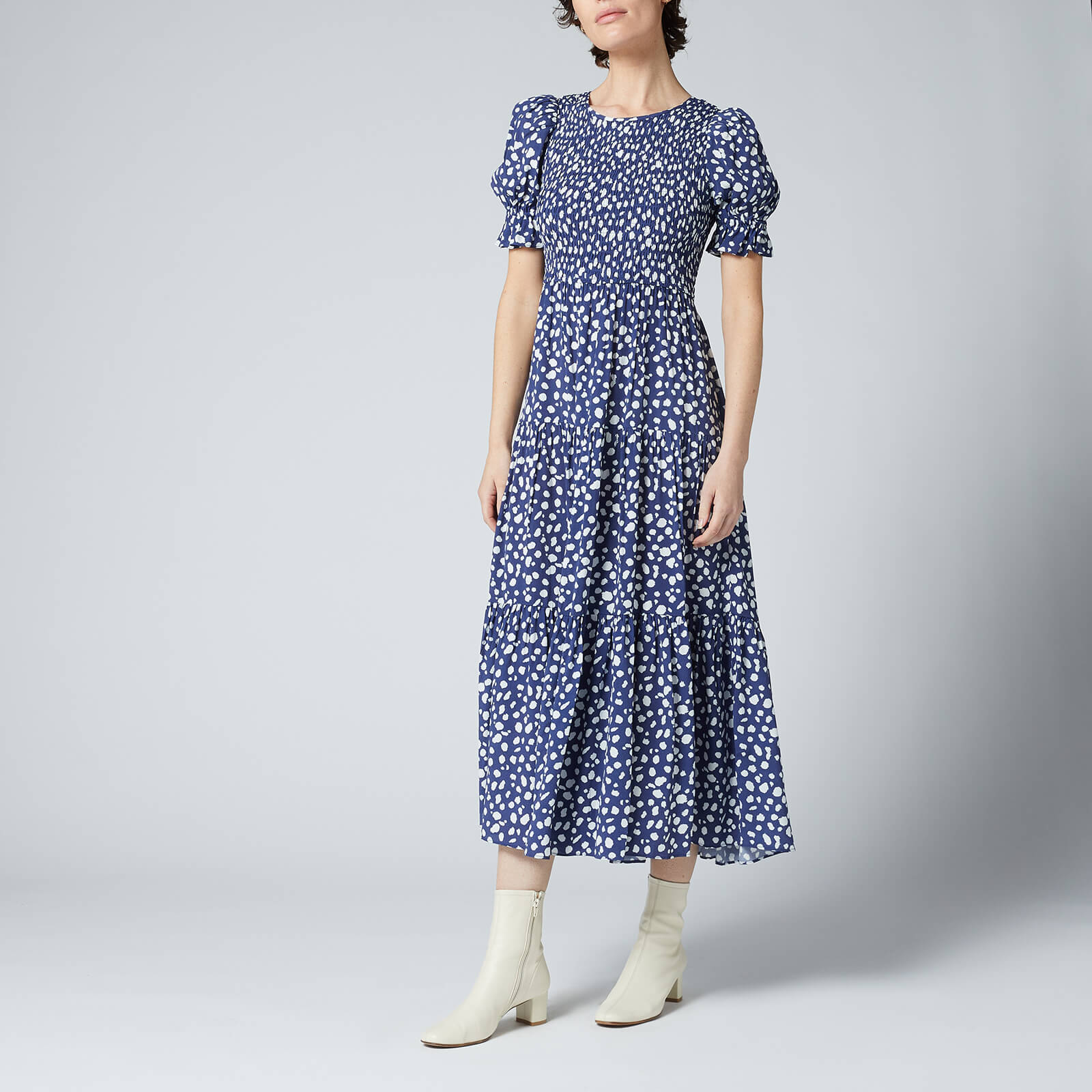 Kitri Women's Persephone Shirred Navy Animal Spot Dress - Navy Animal Spot - UK 8