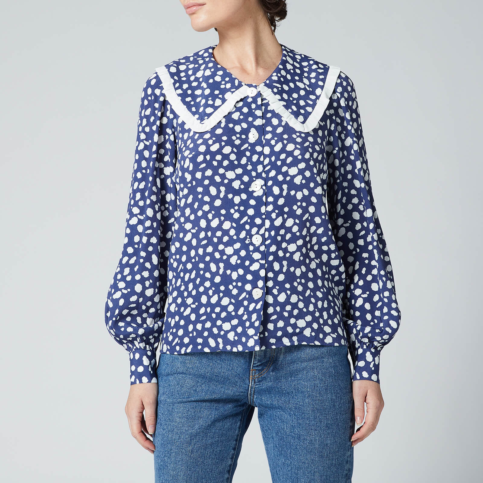 Kitri Women's Laura Navy Animal Spot Frill Collar Top - Navy Animal Spot - UK 6