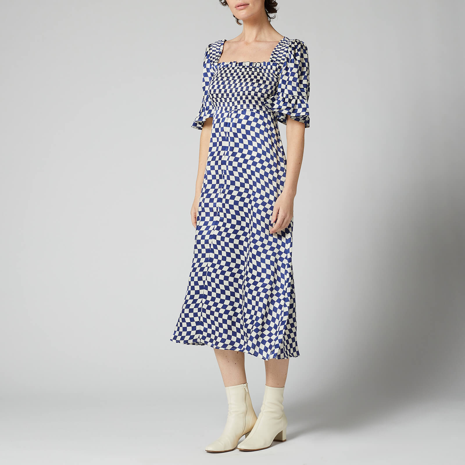 Kitri Women's Arabella Navy Checker Shirred Dress - Navy Wavy Checker - UK 8