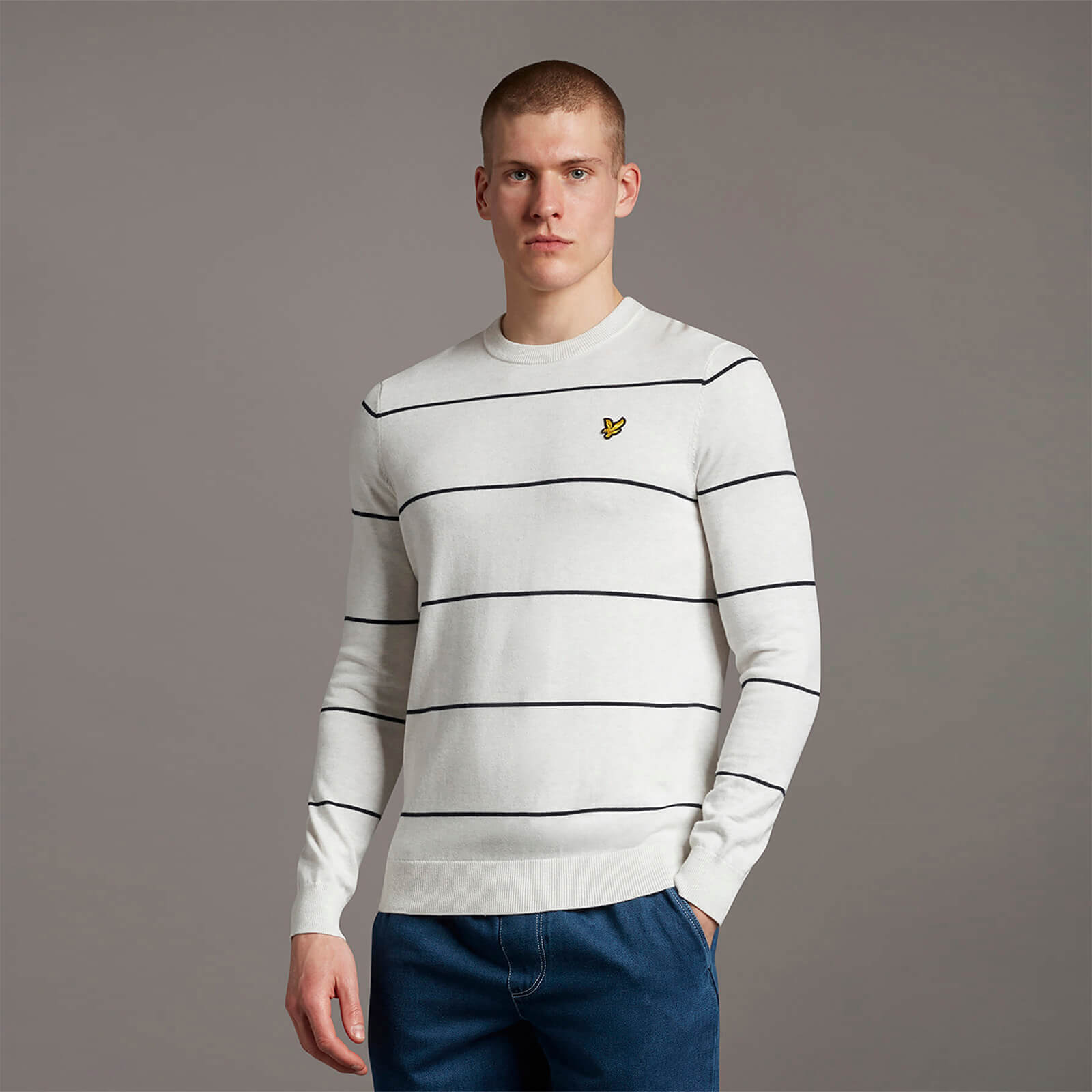 

Wide Stripe Knitted Crew Neck Jumper - Marble White - XXL