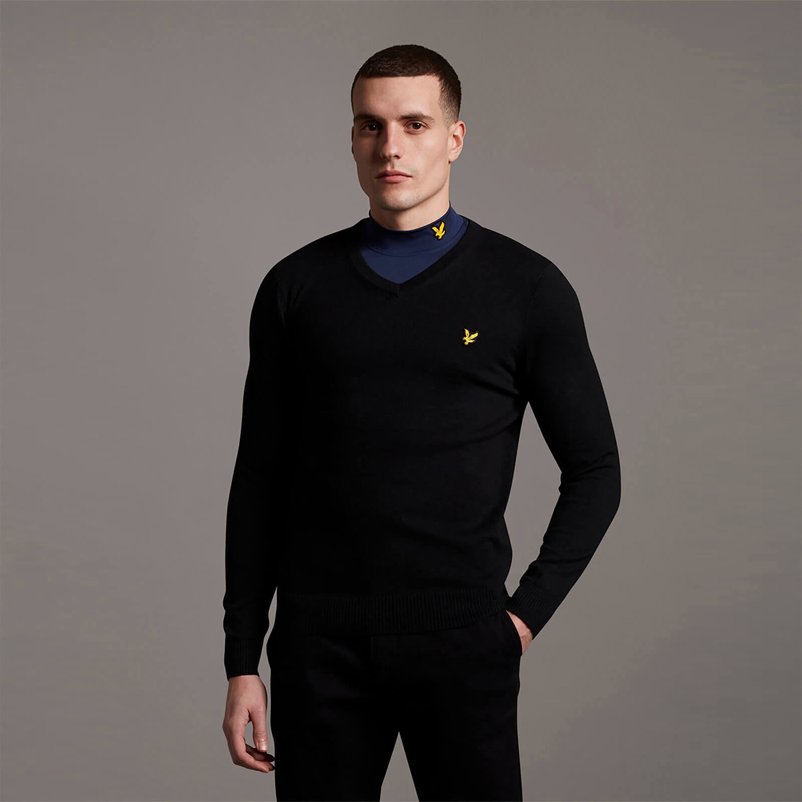 

Men's V Neck Cotton Merino Jumper - Jet Black - XS