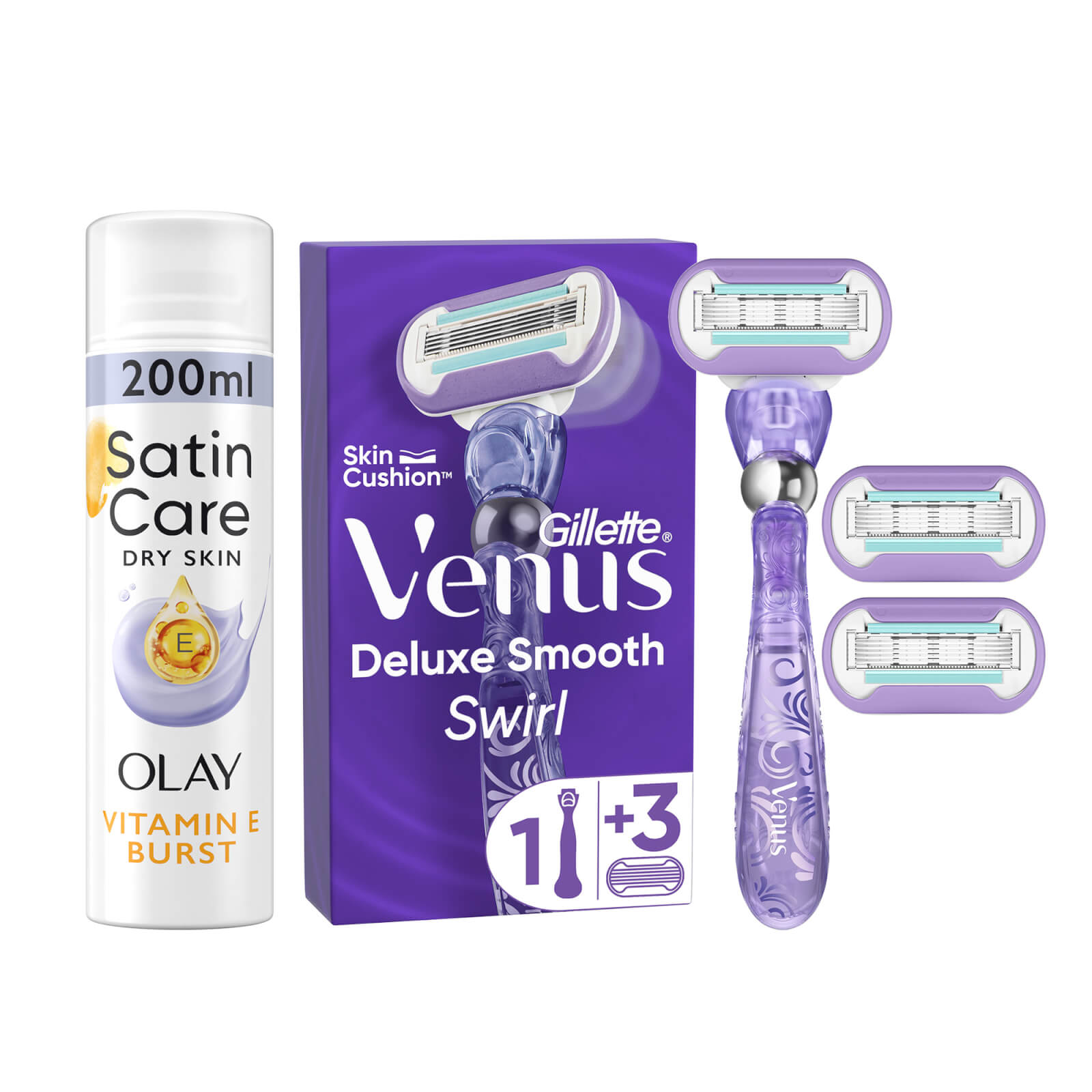 Venus Deluxe Smooth Swirl Razor Starter Pack - With Satin Care Olay Vitamin E Shave Prep