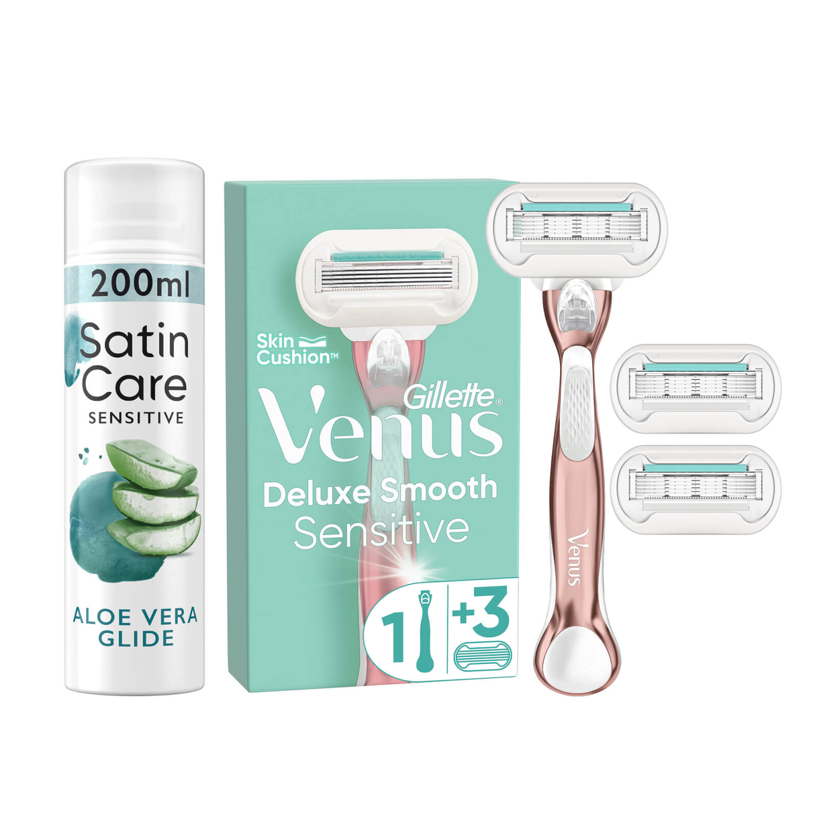 Venus Deluxe Smooth Sensitive Rose Gold Razor Starter Pack - Handle with Aloe Vera Glide shave prep