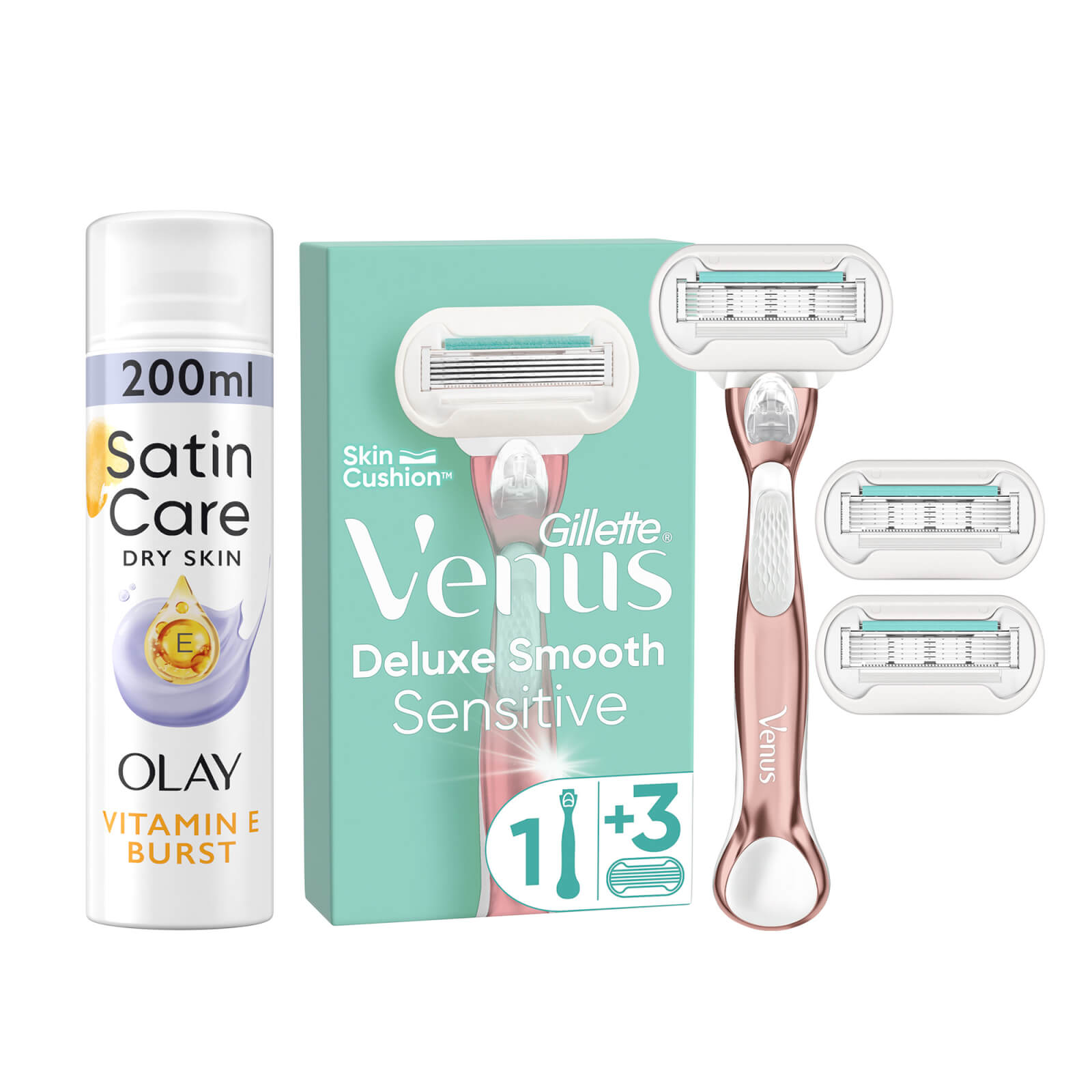Venus Deluxe Smooth Sensitive Rose Gold Razor Starter Pack - Handle with Satin Care Olay shave prep