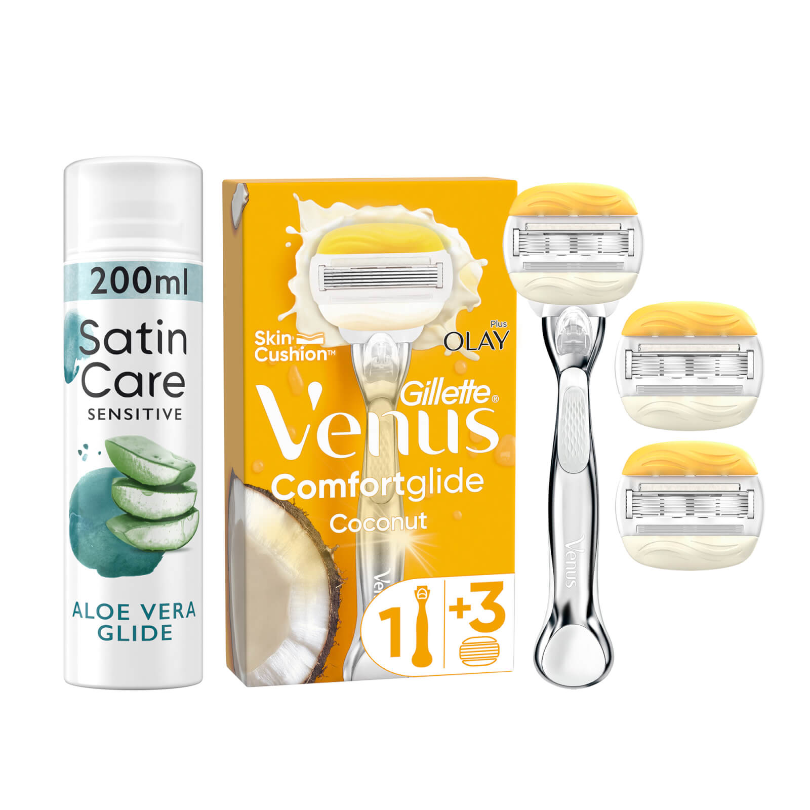 Venus ComfortGlide Coconut with Olay Platinum Razor Starter Pack - Handle with Aloe Vera Glide shave prep