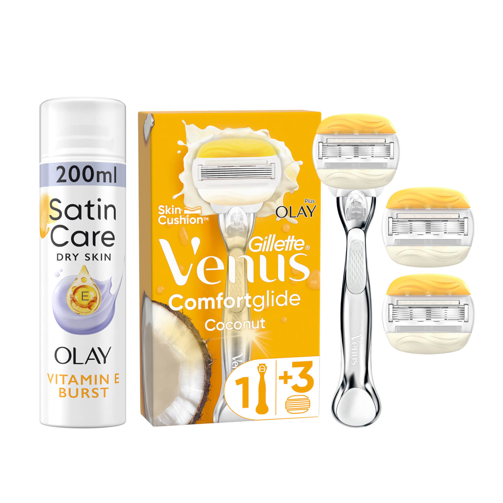 Venus ComfortGlide Coconut with Olay Platinum Razor Starter Pack - Handle with Satin Care Olay shave prep