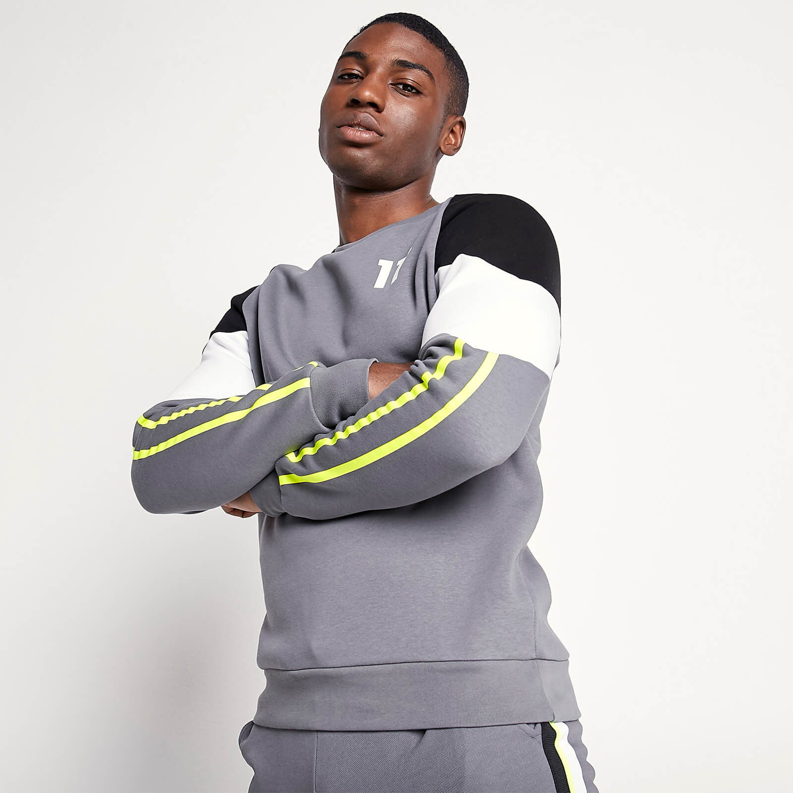 11 Degrees Defender Block Stripe Line Sweatshirt – Steel Grey / Neon Lime / Black / White - S