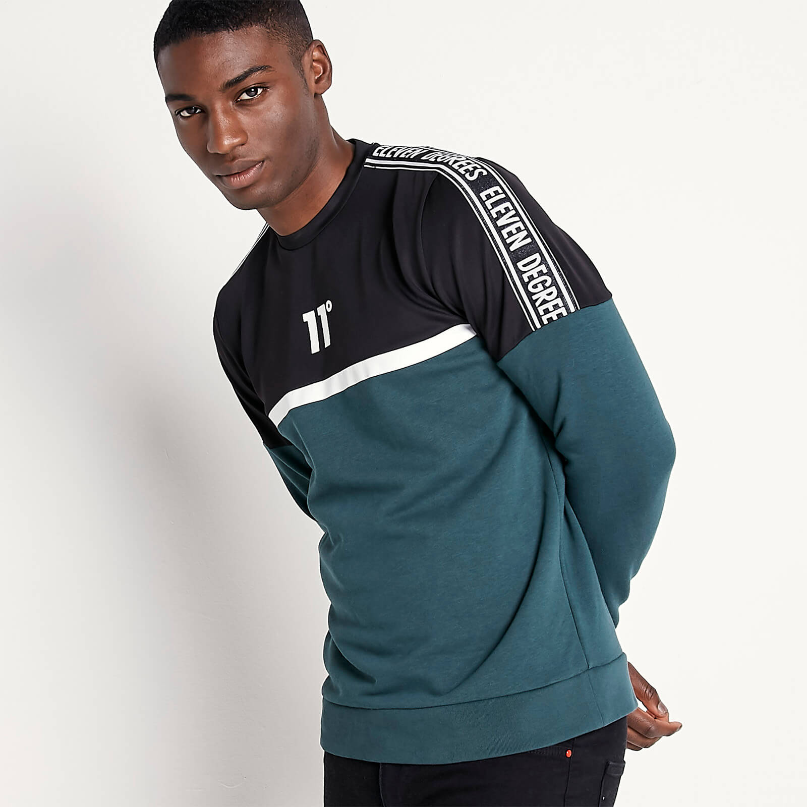 11 Degrees Mixed Fabric Taped Sweatshirt – Darkest Spruce Green / Black / White - S