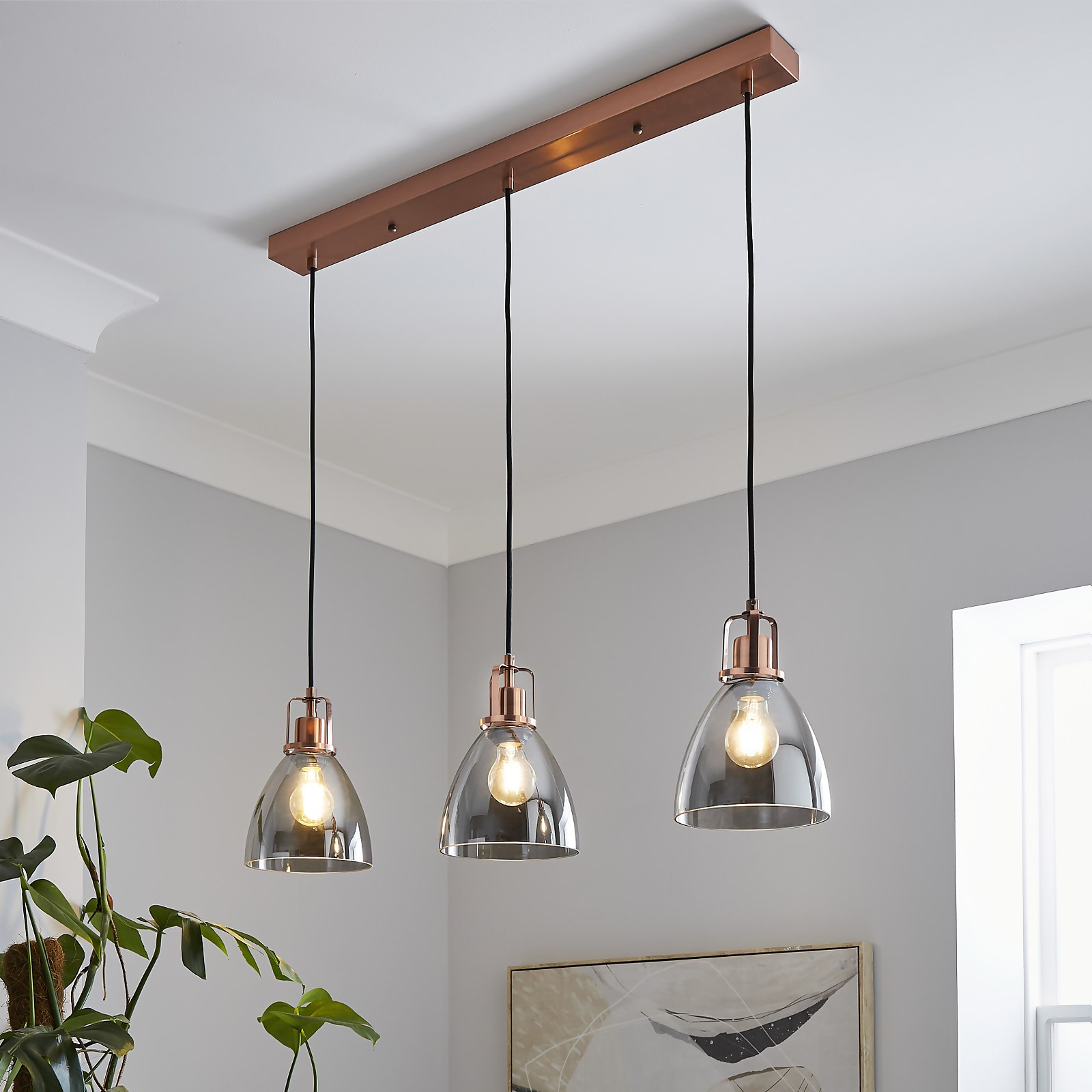 Photo of Decan 3 Light Diner Pendant - Smoke & Copper