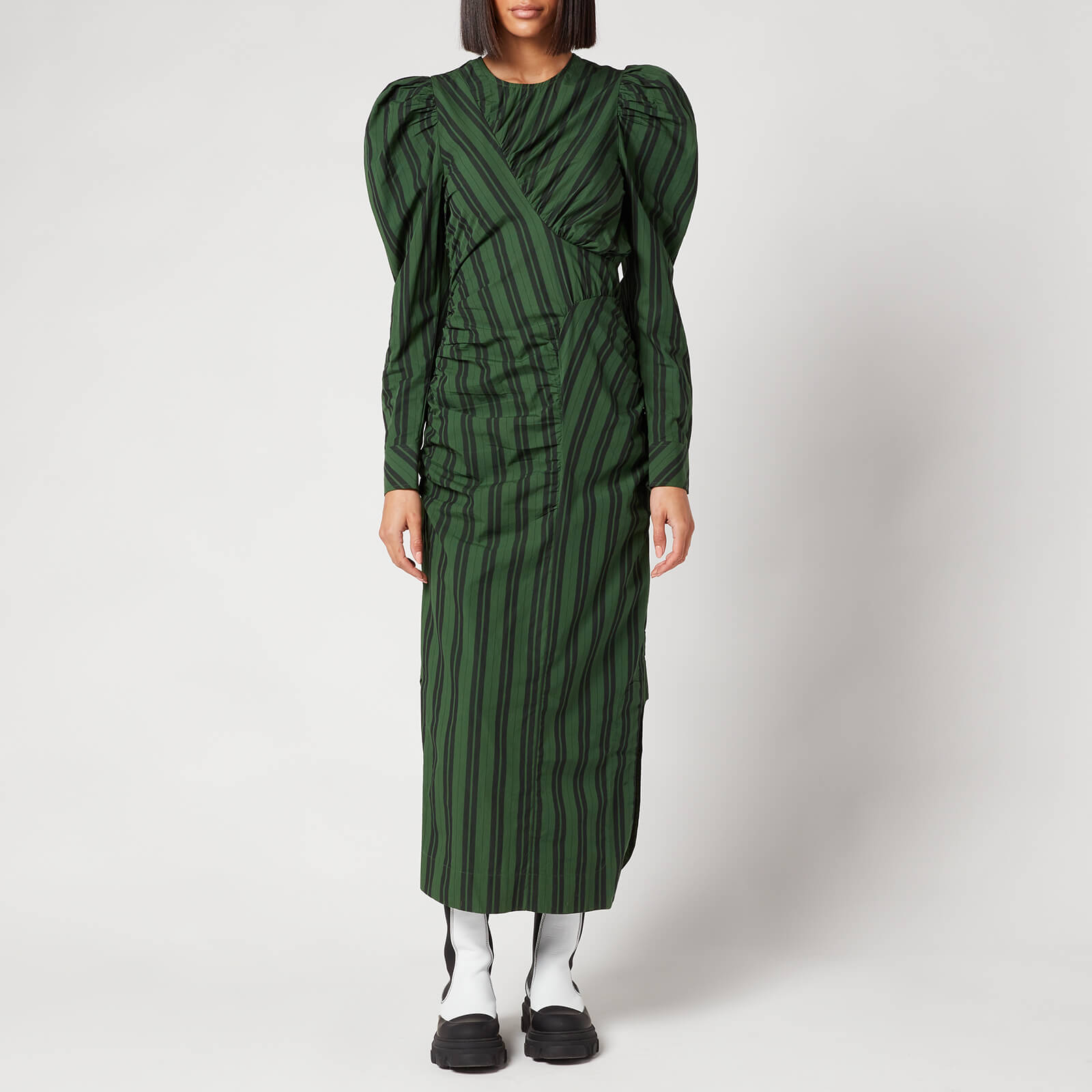 Ganni Women's Stripe Cotton Dress - Dark Green - EU 34/UK 6