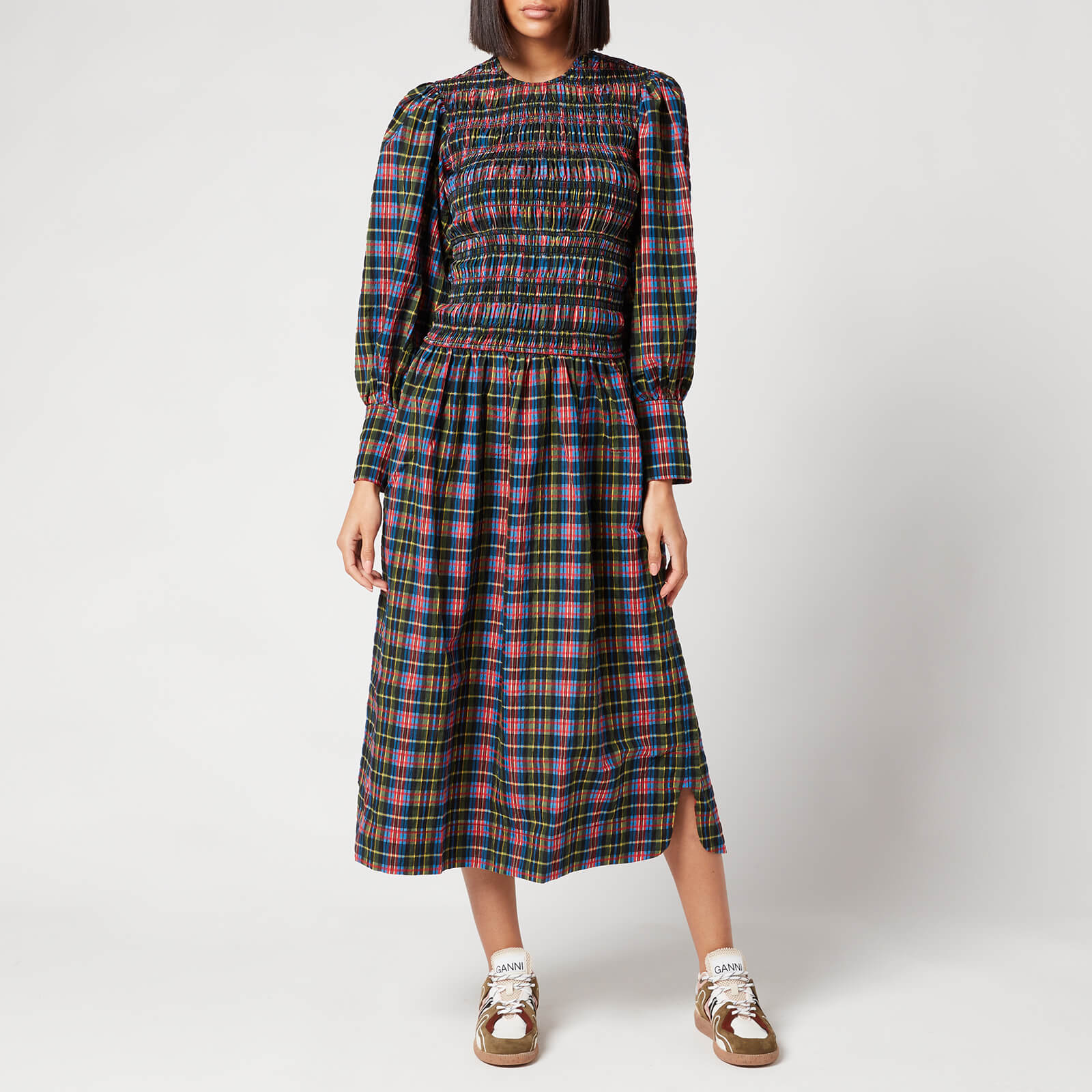 Ganni Women's Seersucker Check Midi Dress - Black - EU 40/UK 12