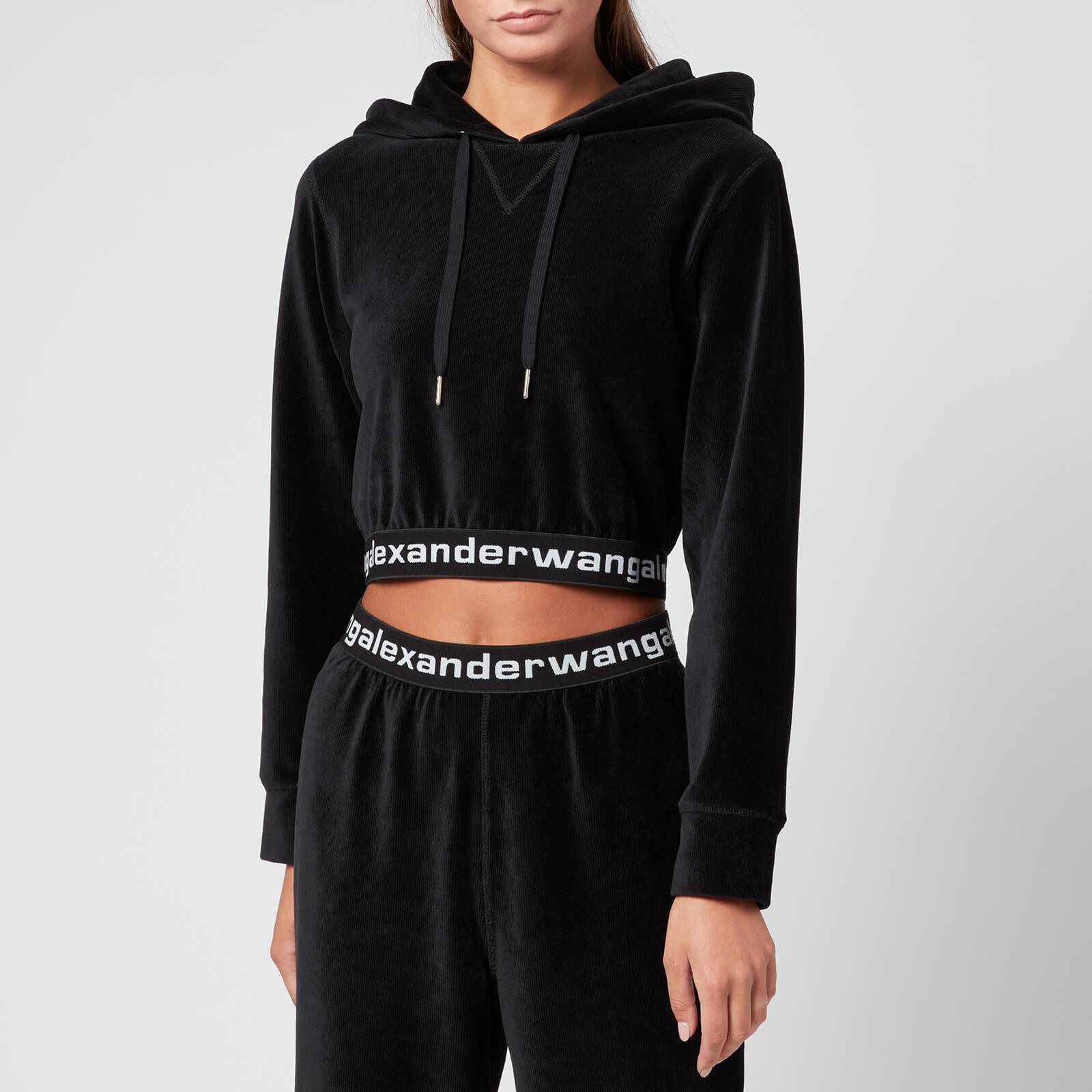 Alexander Wang Women's Stretch Corduroy Cropped Hoodie with Logo Elastic - Black - S