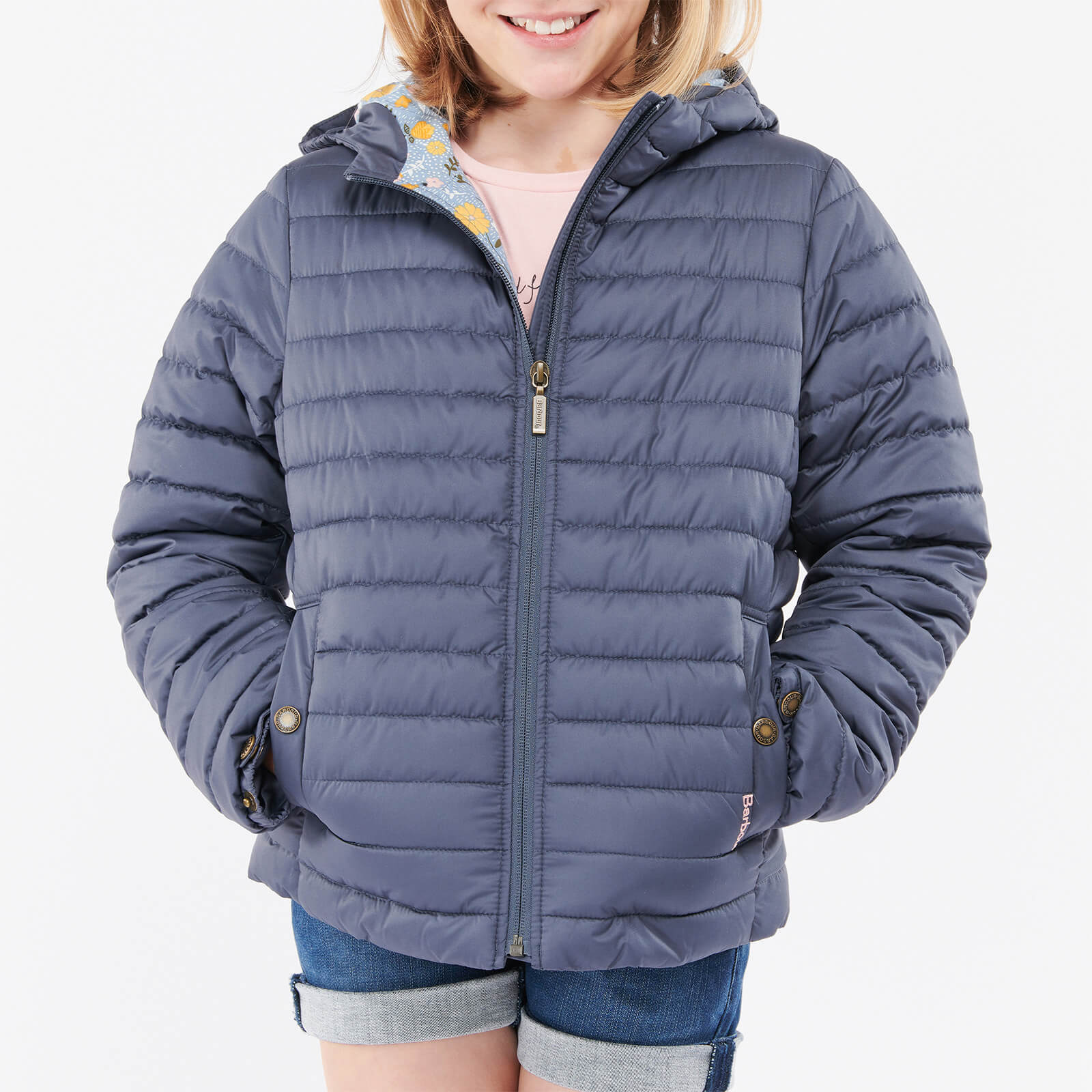 Barbour Girls' Cranmore Hooded Quilted Jacket - Summer Navy/Folky Floral -  6-7 Years
