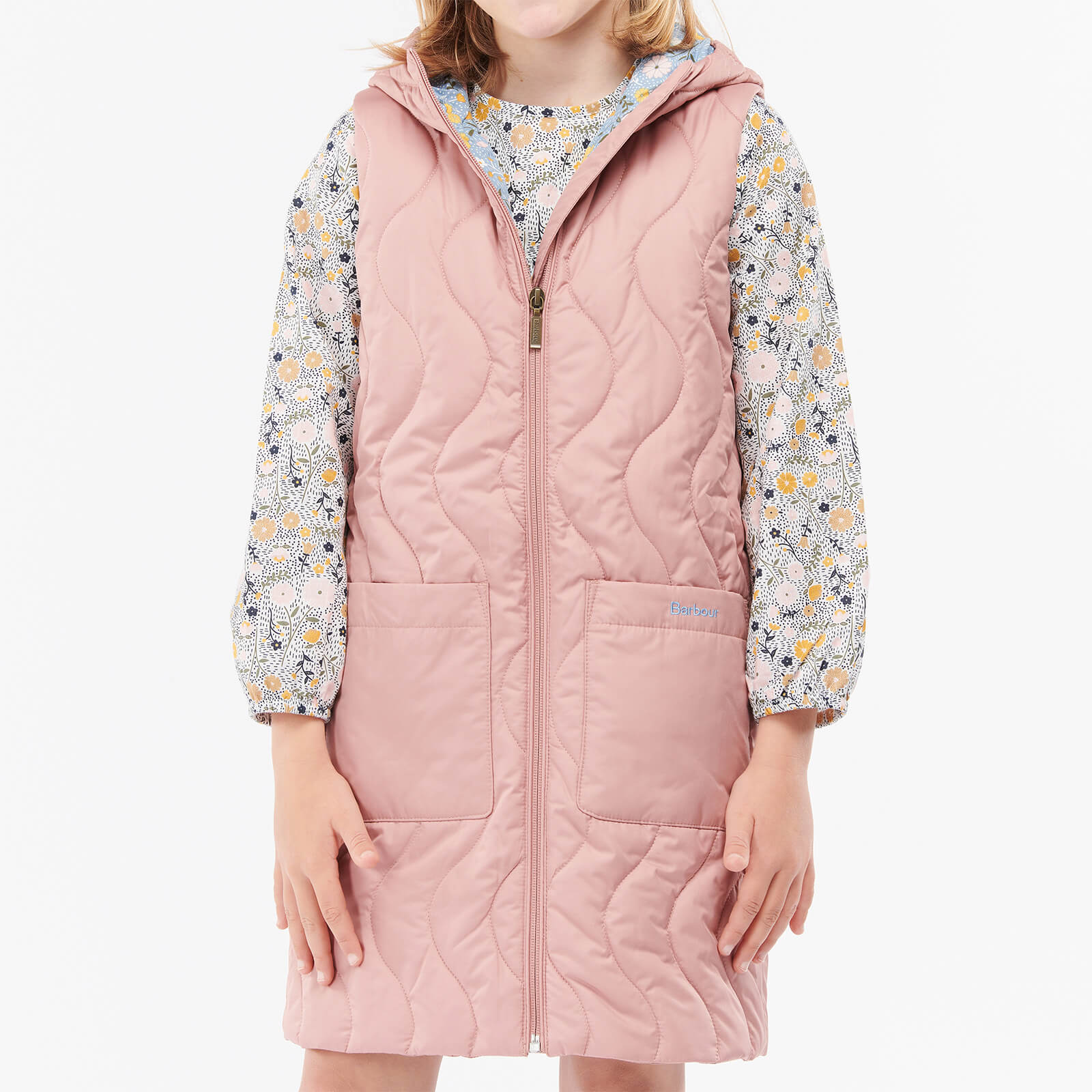Barbour Girls' Quilted Guilden Long Gilet - Soft Coral/Folky Floral -  8-9 Years