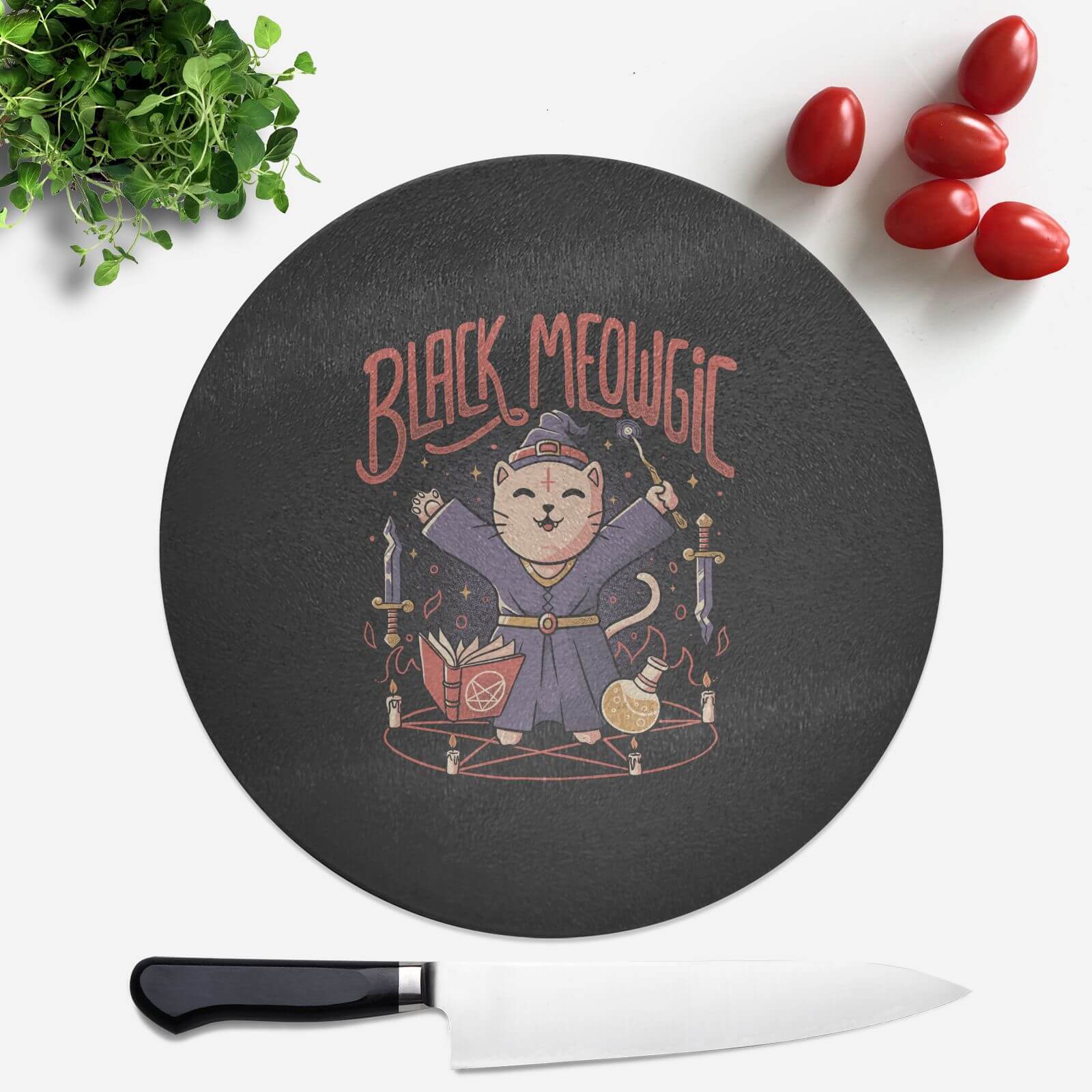 Black Meowgic Round Chopping Board
