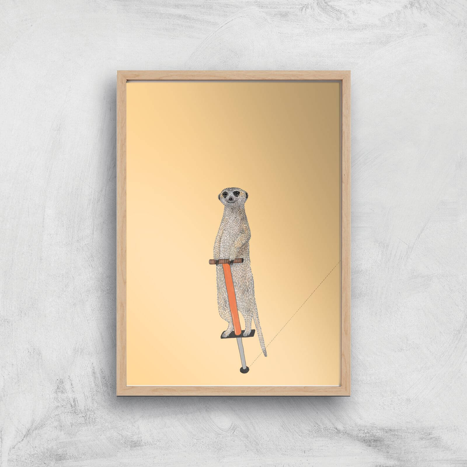 Meerkat On A Pogo Stick Giclee Art Print - A4 - Wooden Frame