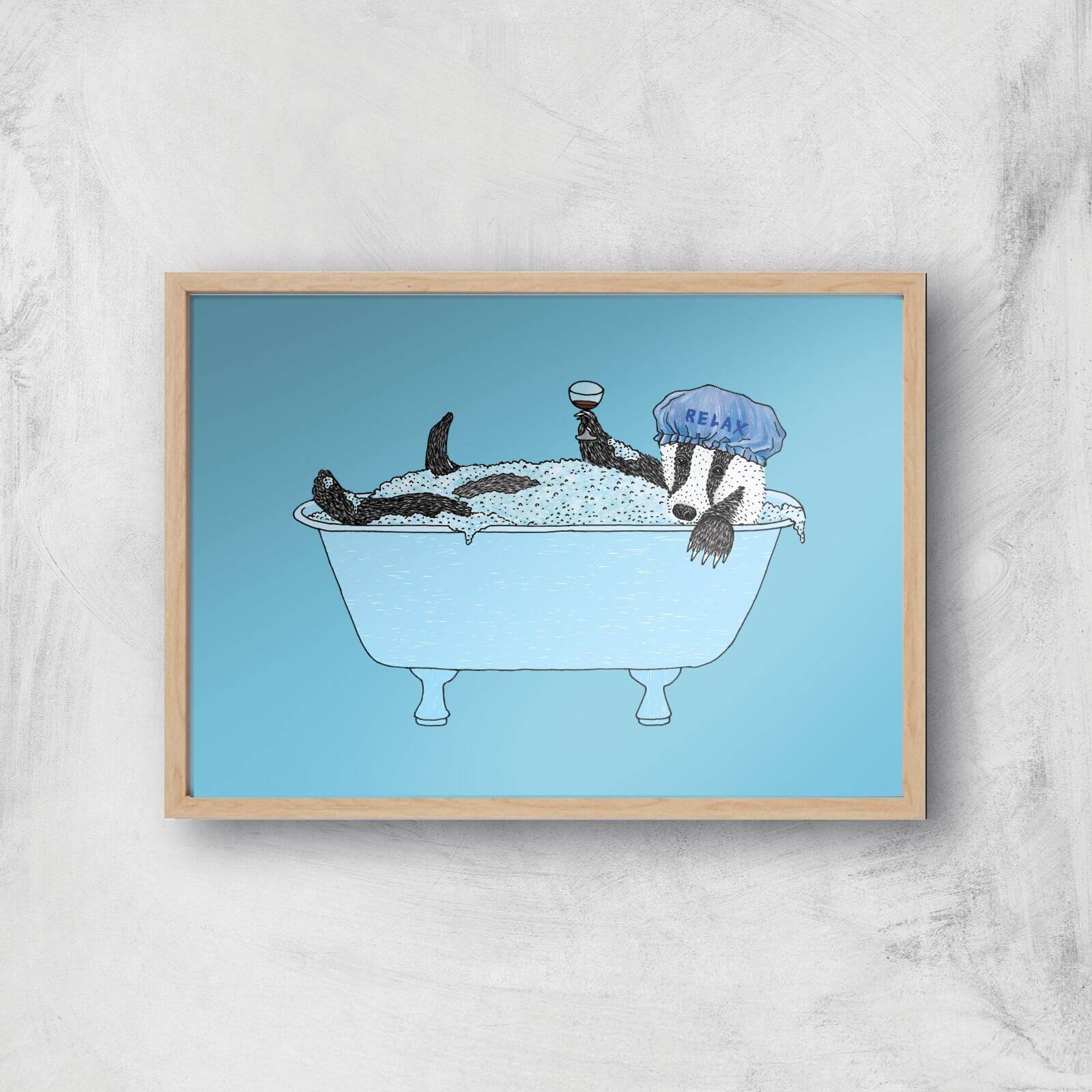 Bathing Badger Giclee Art Print - A4 - Wooden Frame