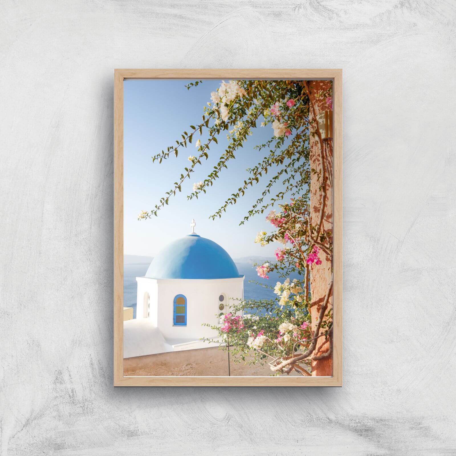 Santorini Flowers Giclee Art Print - A4 - Wooden Frame