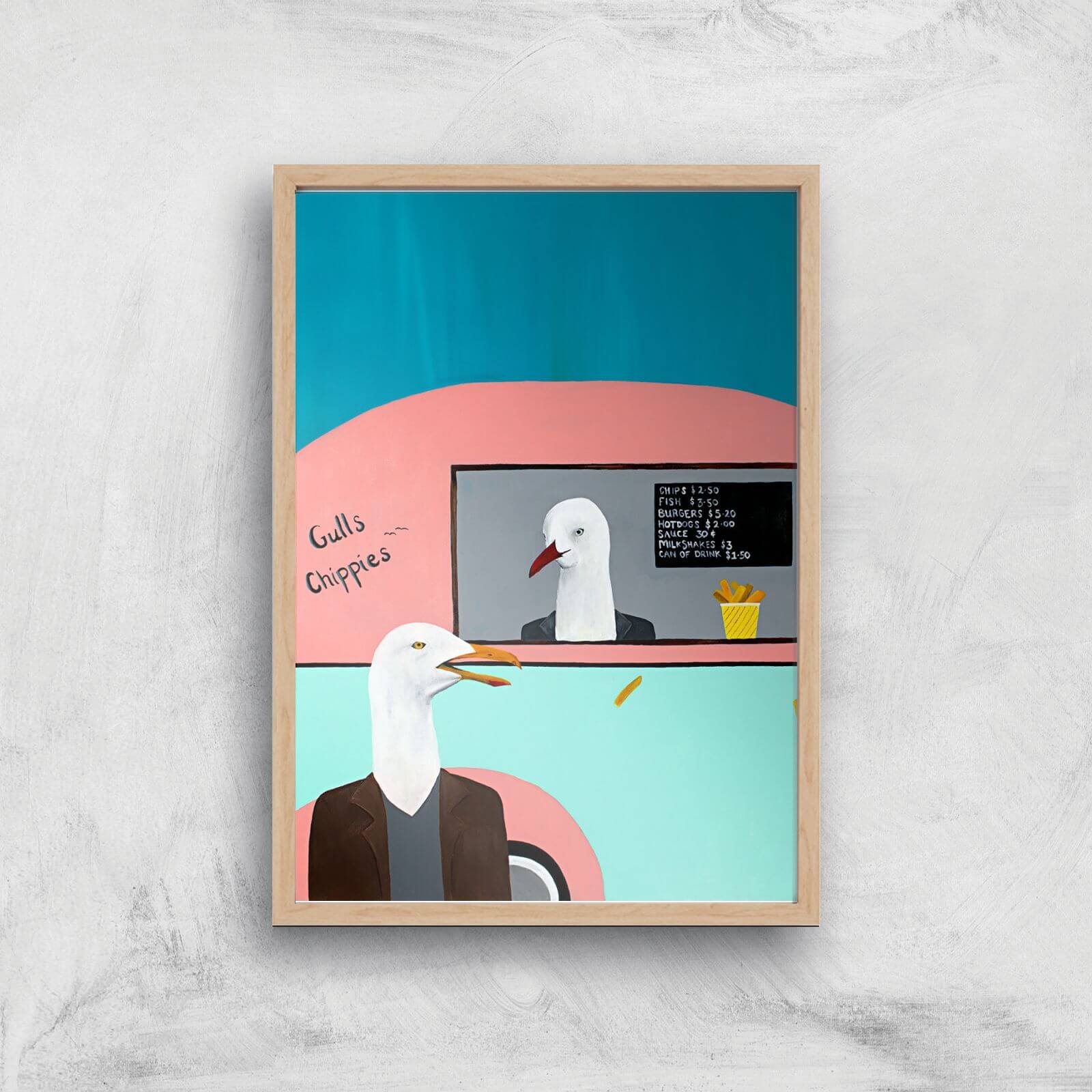 Gulls Chippies Giclee Art Print - A4 - Wooden Frame