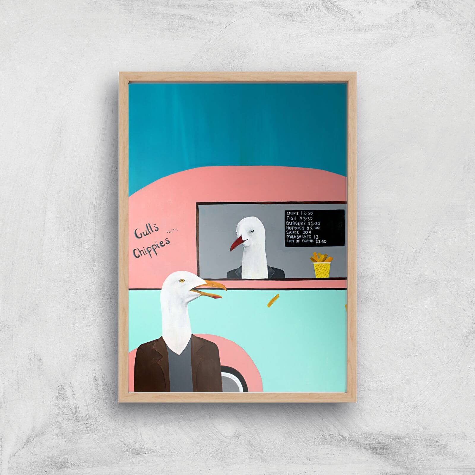 Gulls Chippies Giclee Art Print - A3 - Wooden Frame