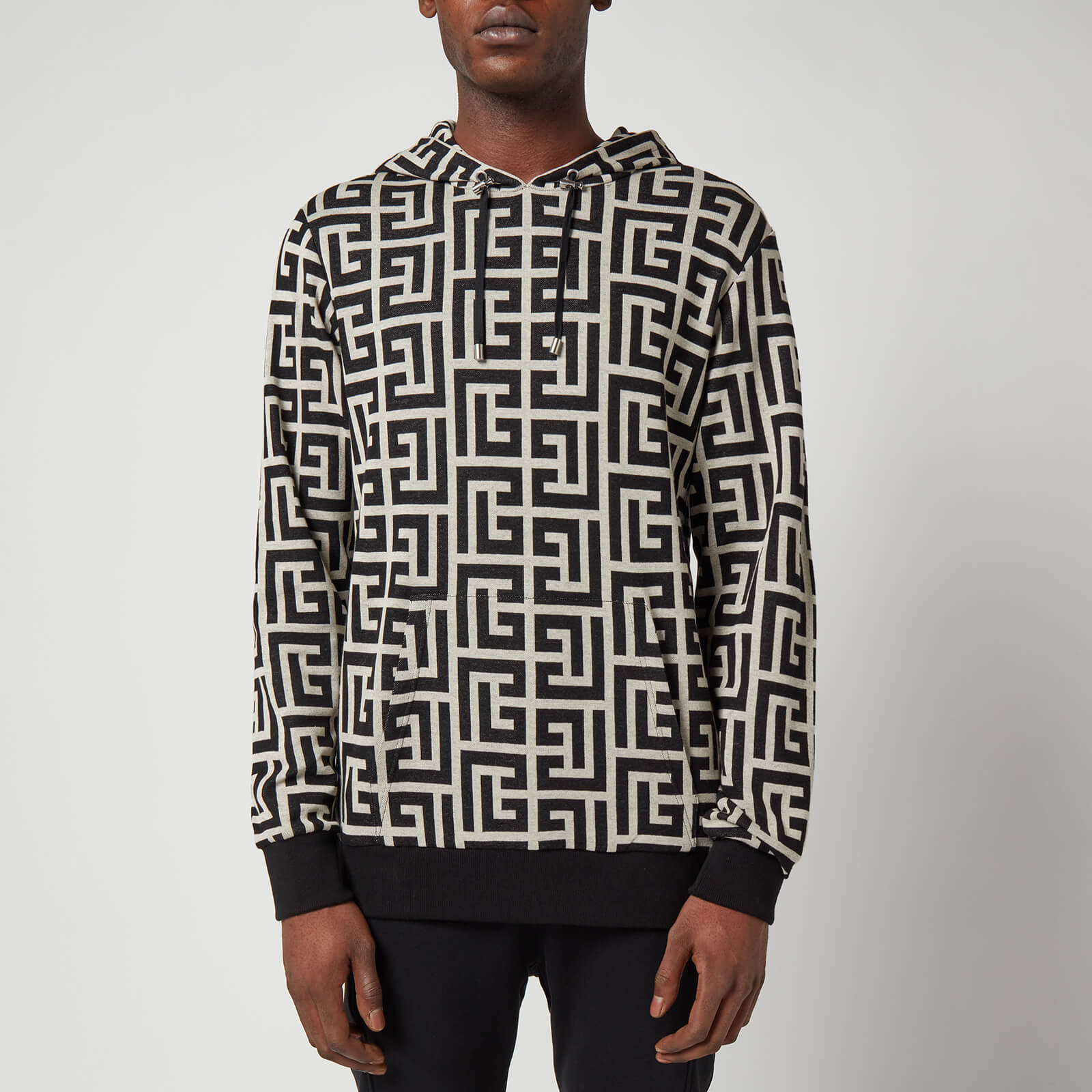 Balmain Men's Jacquard Monogram Hoodie - Ivory/Black - S