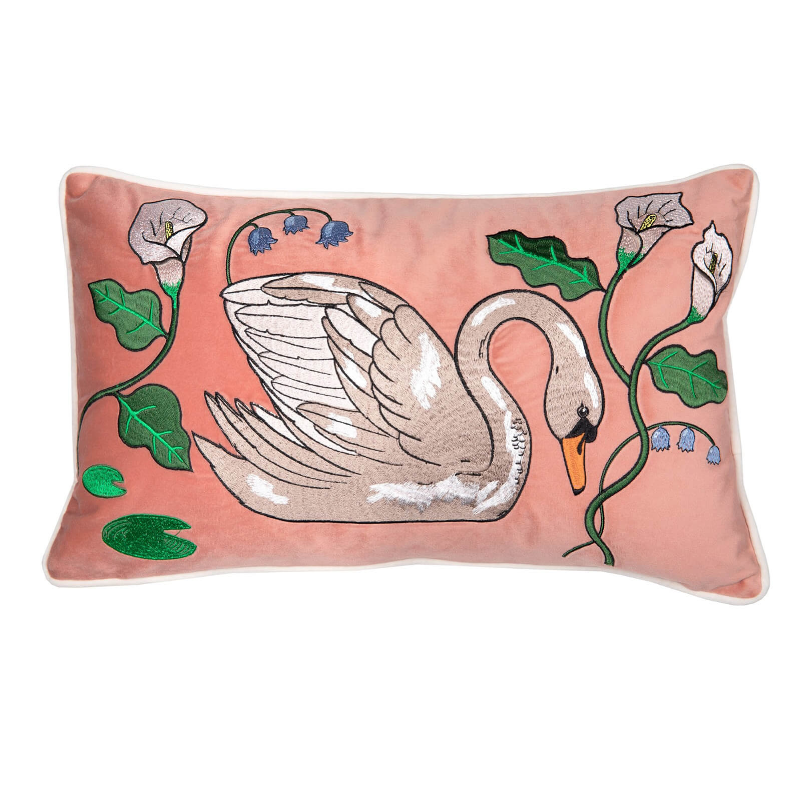 Karen Mabon Botanic Swan Embroidered Cushion - Pink - 50x30cm