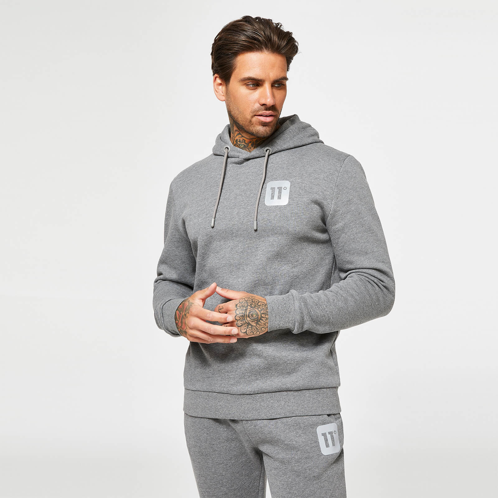 11 Degrees Men%27s Reflective Logo Pullover Hoodie - Charcoal Marl/Reflective - S