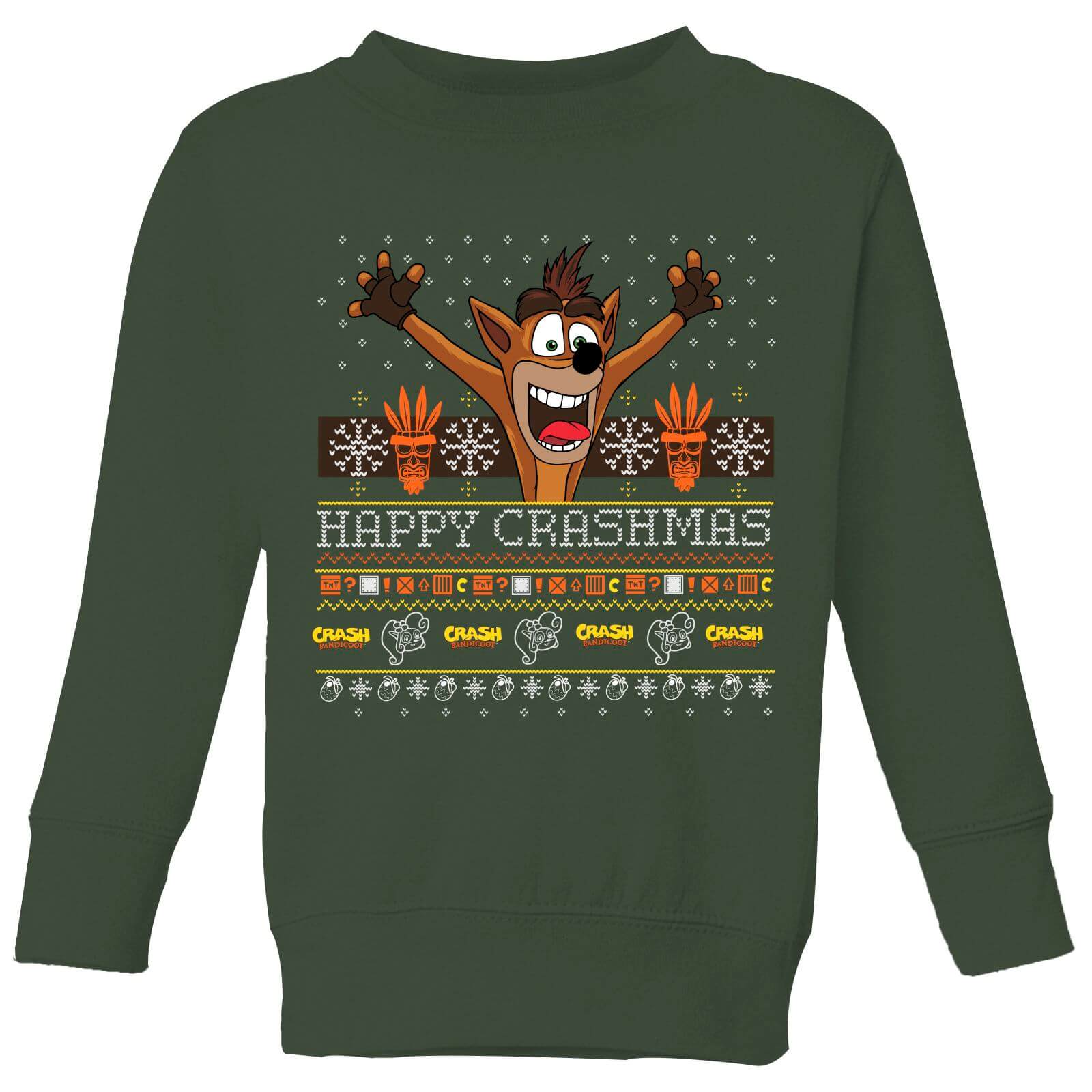 Crash Bandicoot Happy Crashmas Kinder Weihnachtspullover – Grün – 3-4 Jahre – Forest Green