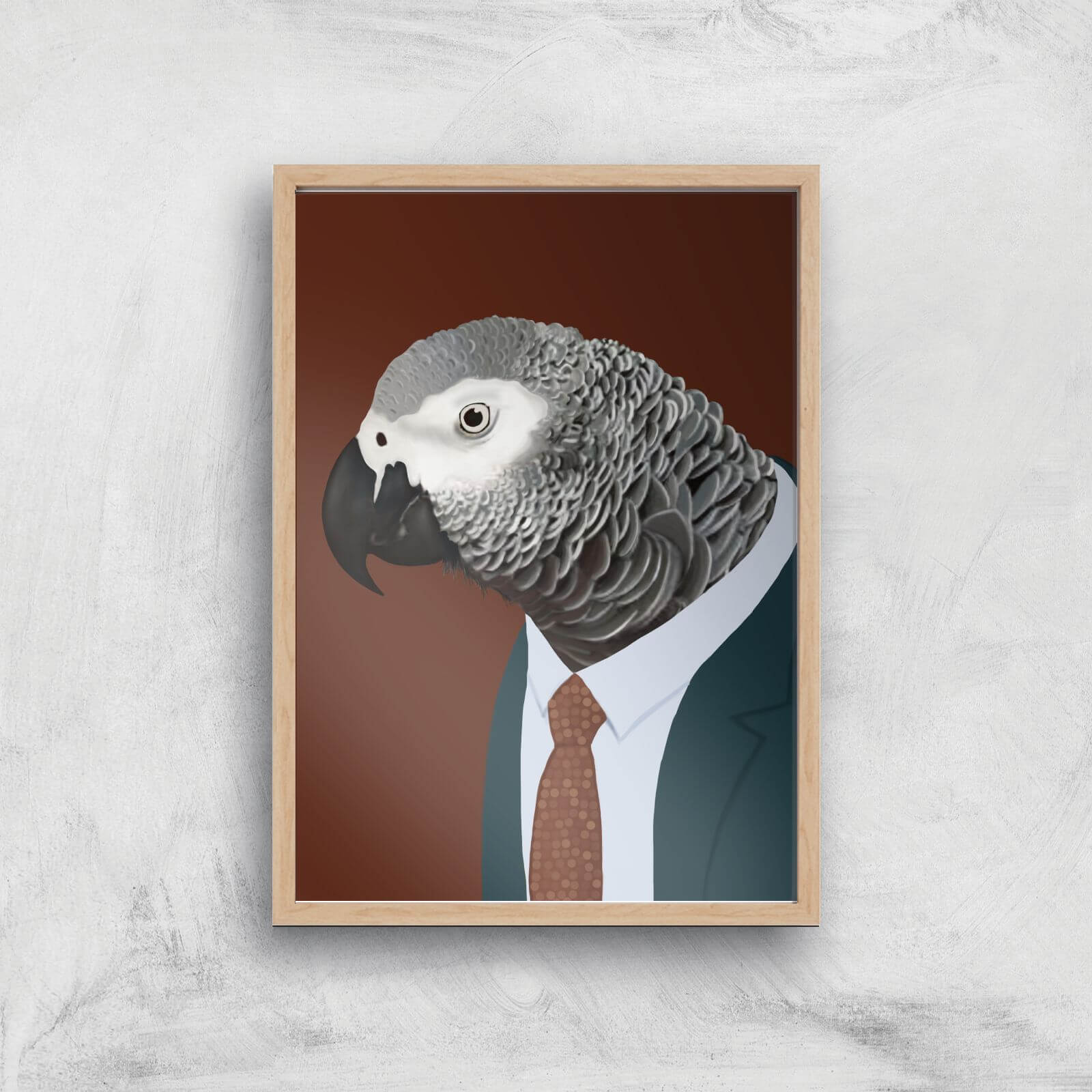 African Grey Parrot In Suit Giclee Art Print - A3 - Wooden Frame