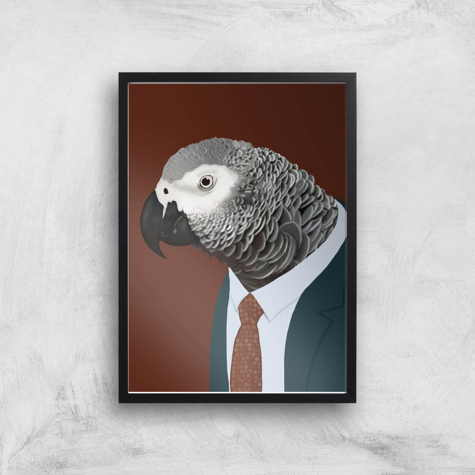 African Grey Parrot In Suit Giclee Art Print - A3 - Black Frame