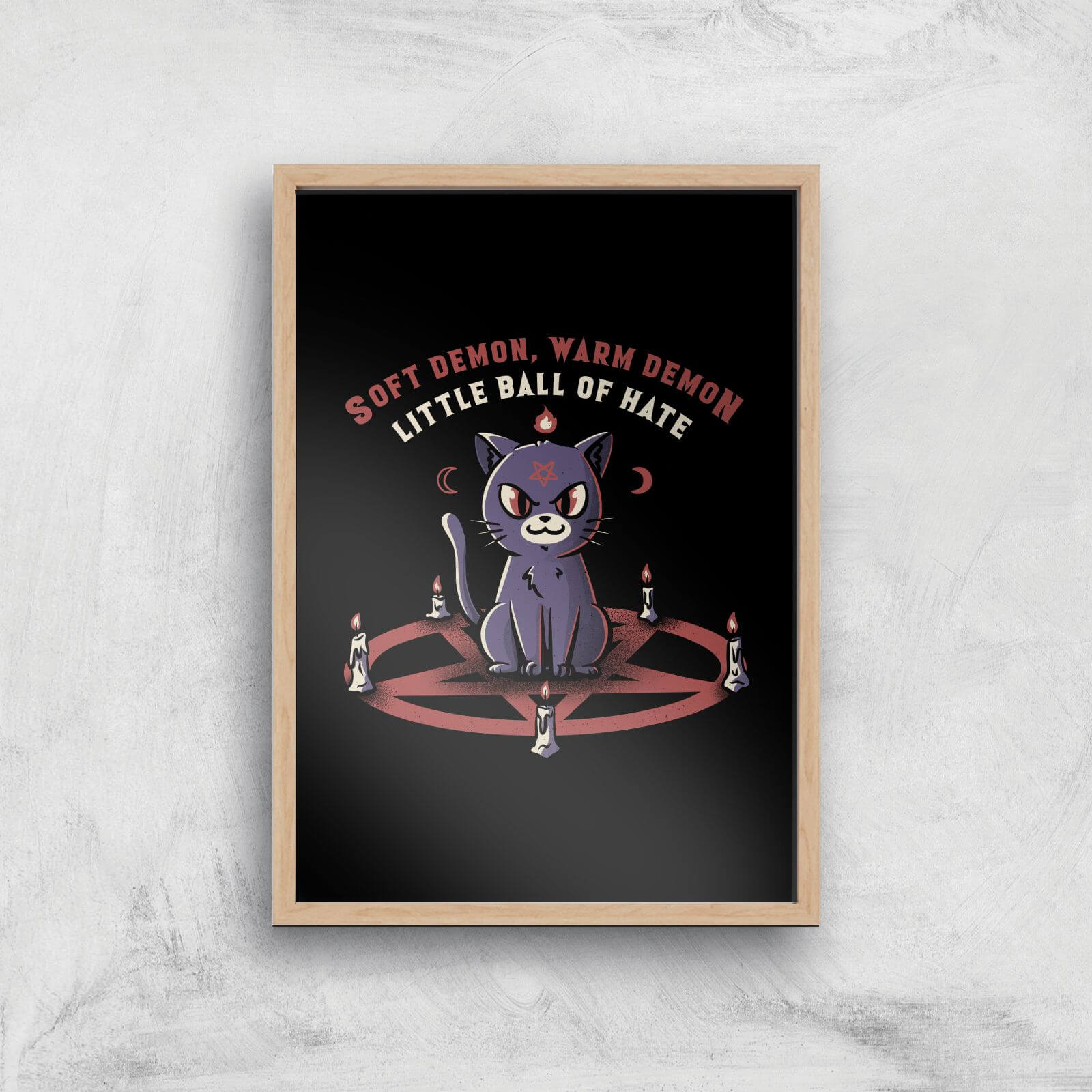 Soft Demon, Warm Demon, Little Ball Of Hate Cat Giclee Art Print - A4 - Wooden Frame
