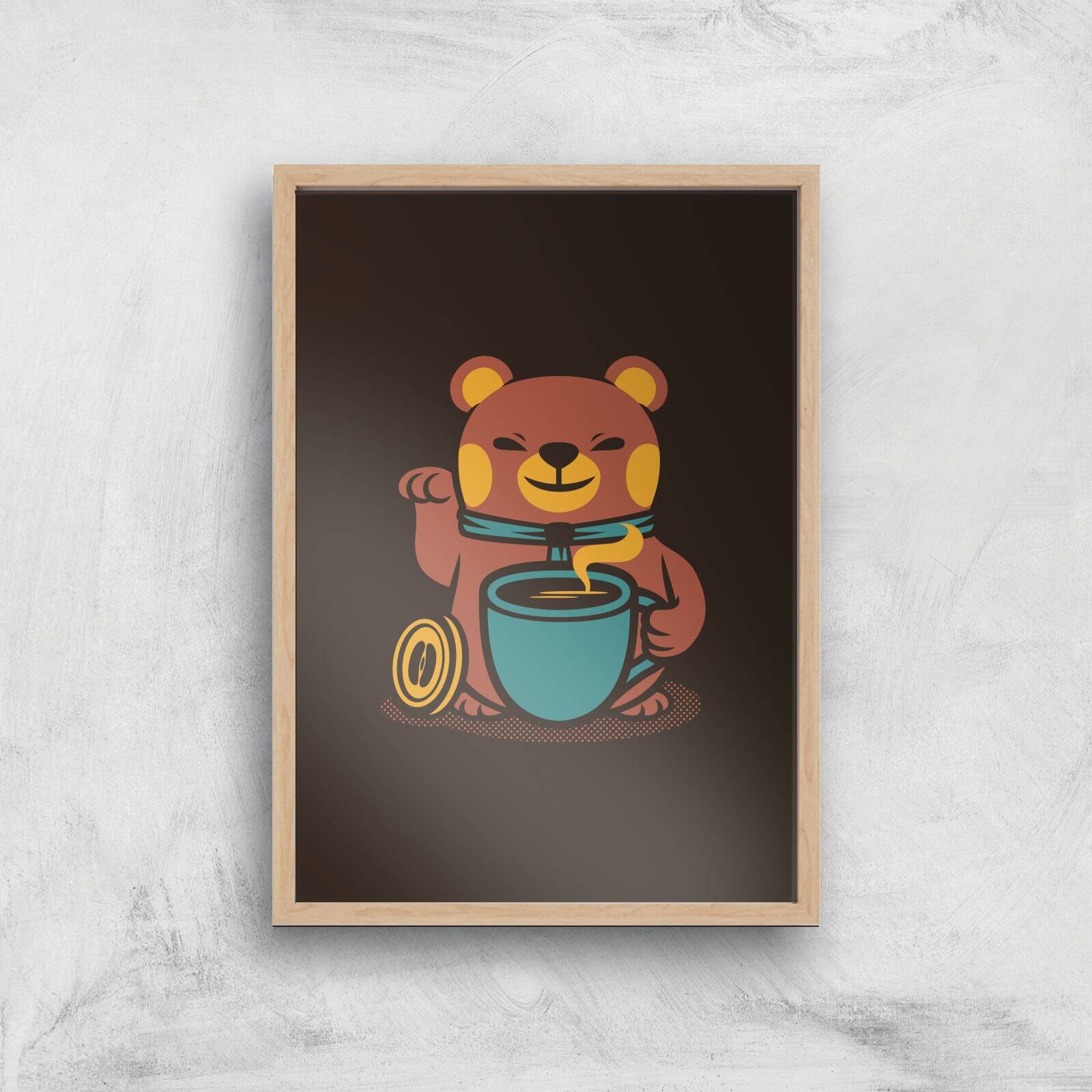 Bear Coffee Manekineko Giclee Art Print - A3 - Wooden Frame