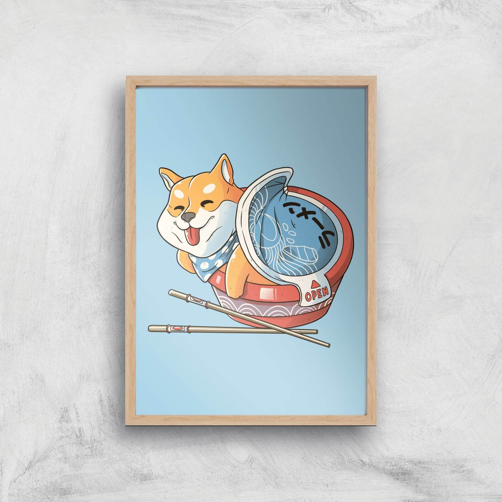 Shiba Dog Ramen Japanese Manga Giclee Art Print - A4 - Wooden Frame