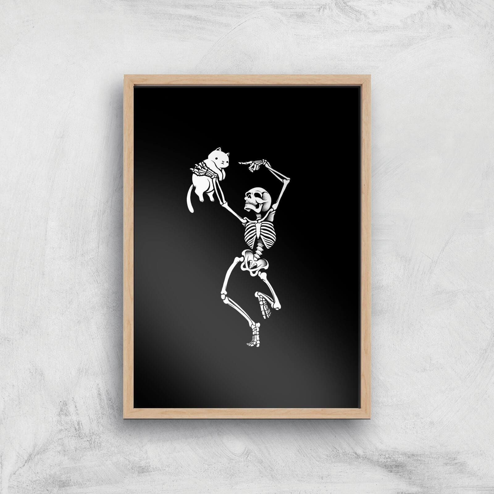 Dancing Skeleton With A Cat Giclee Art Print - A4 - Wooden Frame