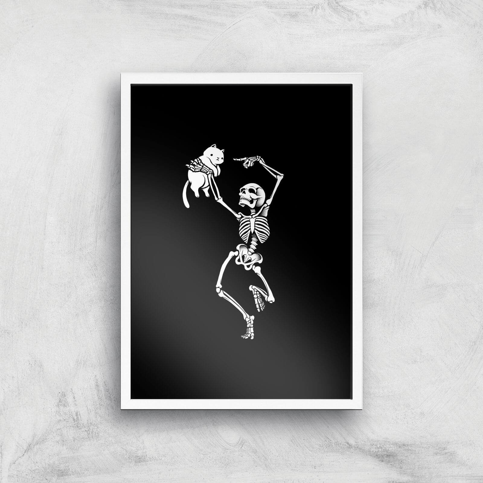 Dancing Skeleton With A Cat Giclee Art Print - A4 - White Frame